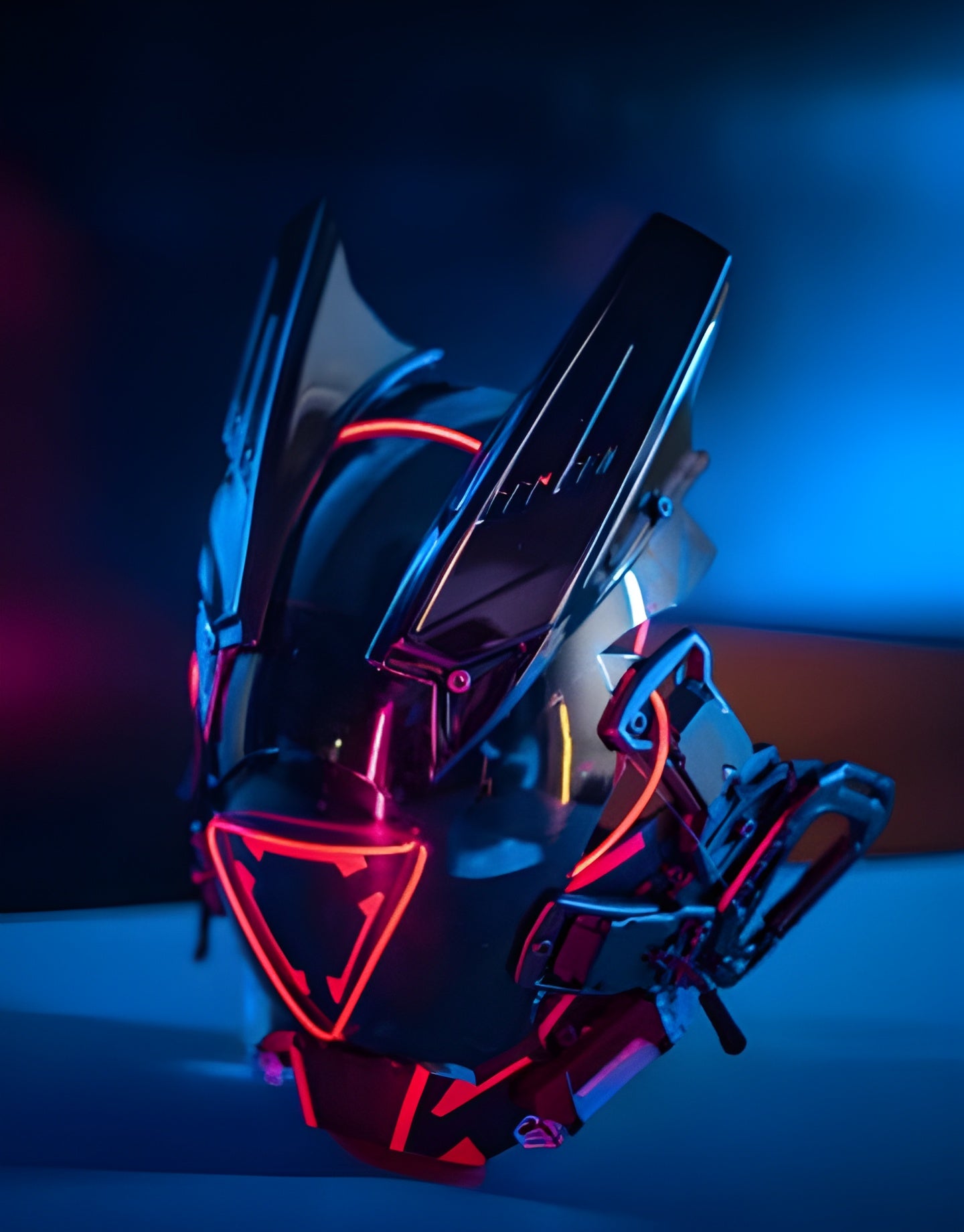 Cyberpunk techwear helmet with LED lights, showcasing futuristic design elements and high-tech features, popular.