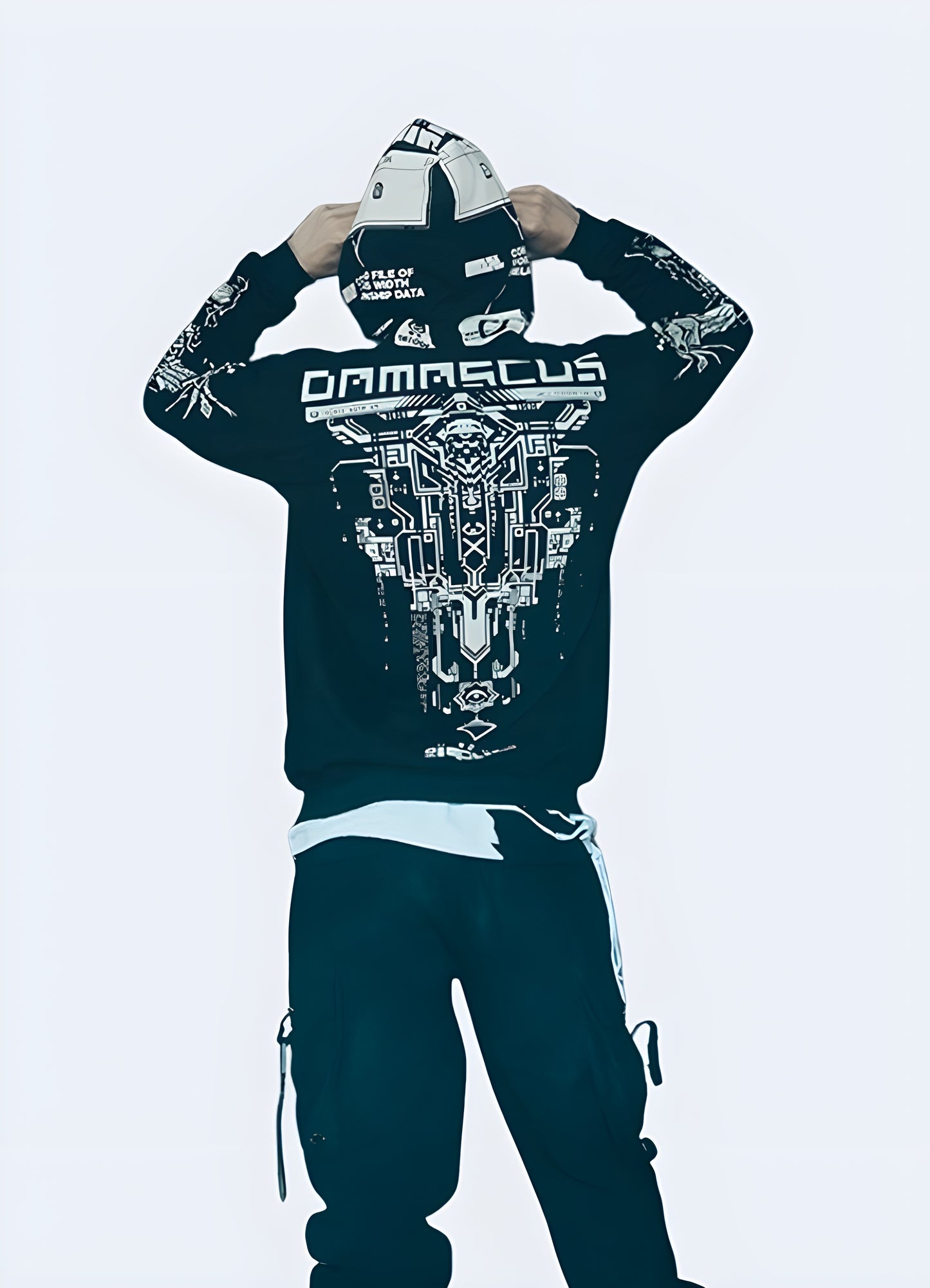 Cyberpunk techwear hoodie in black – Back view | Futuristic streetwear hoodie with sleek design and urban aesthetics – Available in Canada.