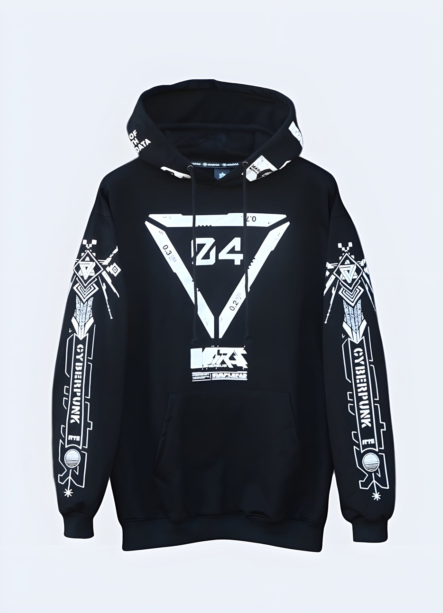 Black cyberpunk techwear hoodie with multiple straps, pockets, and a futuristic design, perfect for urban exploration or sci-fi inspired streetwear.