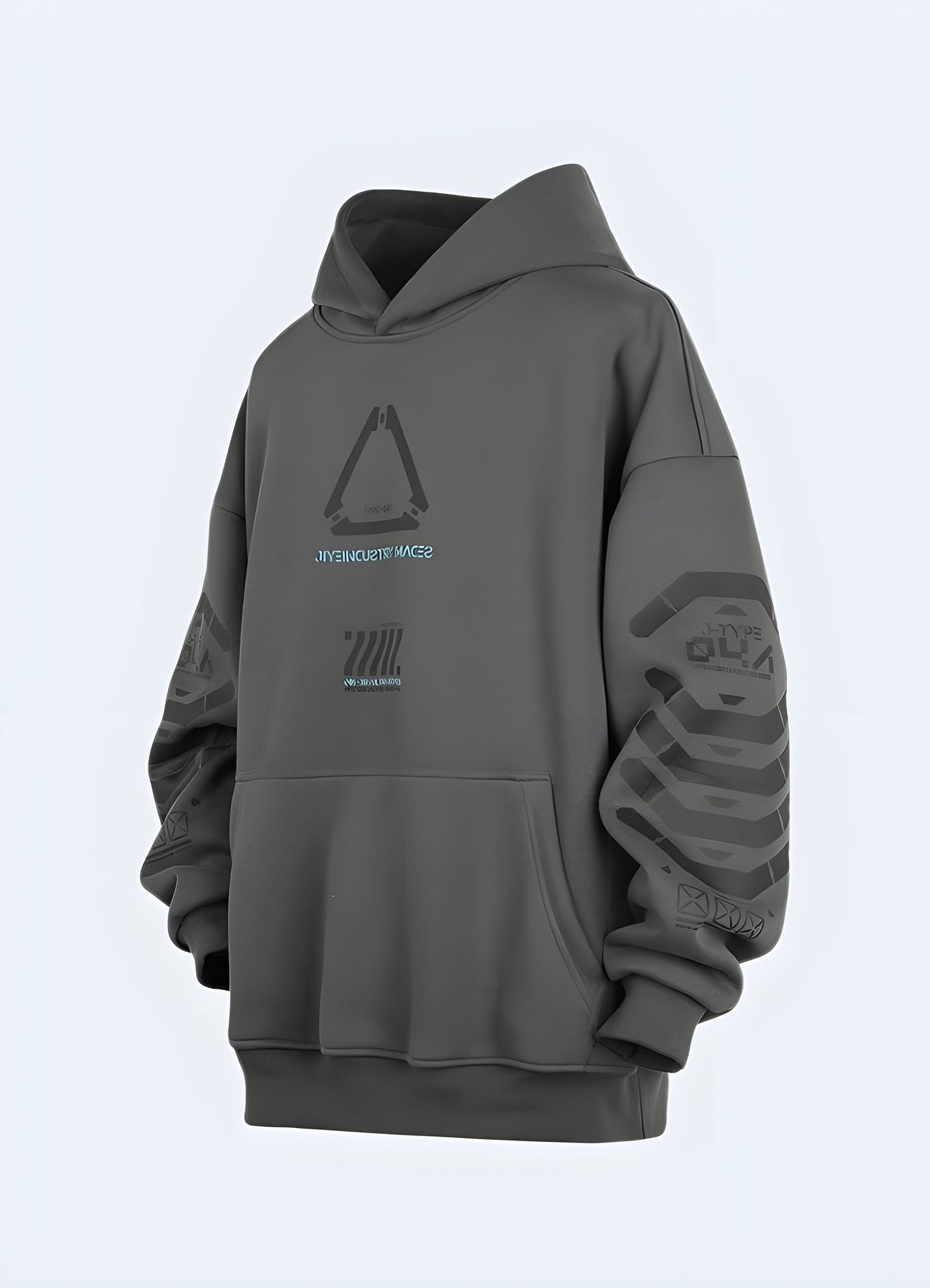 Front view of a person in a grey cyberpunk techwear hoodie with multiple utility pockets, straps, and a modern, futuristic design, ideal for sci-fi enthusiasts or urban fashion.