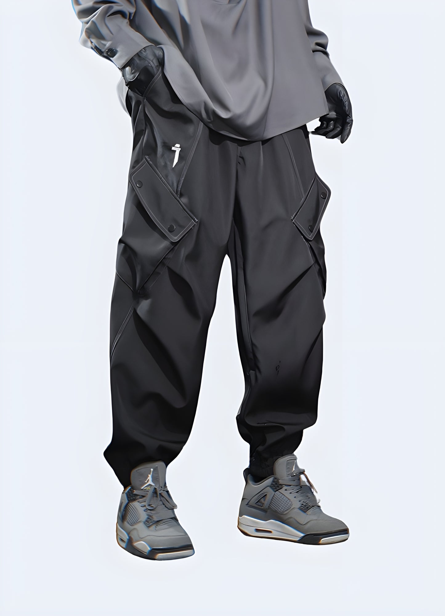Black cargo trousers with a contemporary silhouette and practical pockets, perfect for the fashion-conscious looking for functionality in Canada.