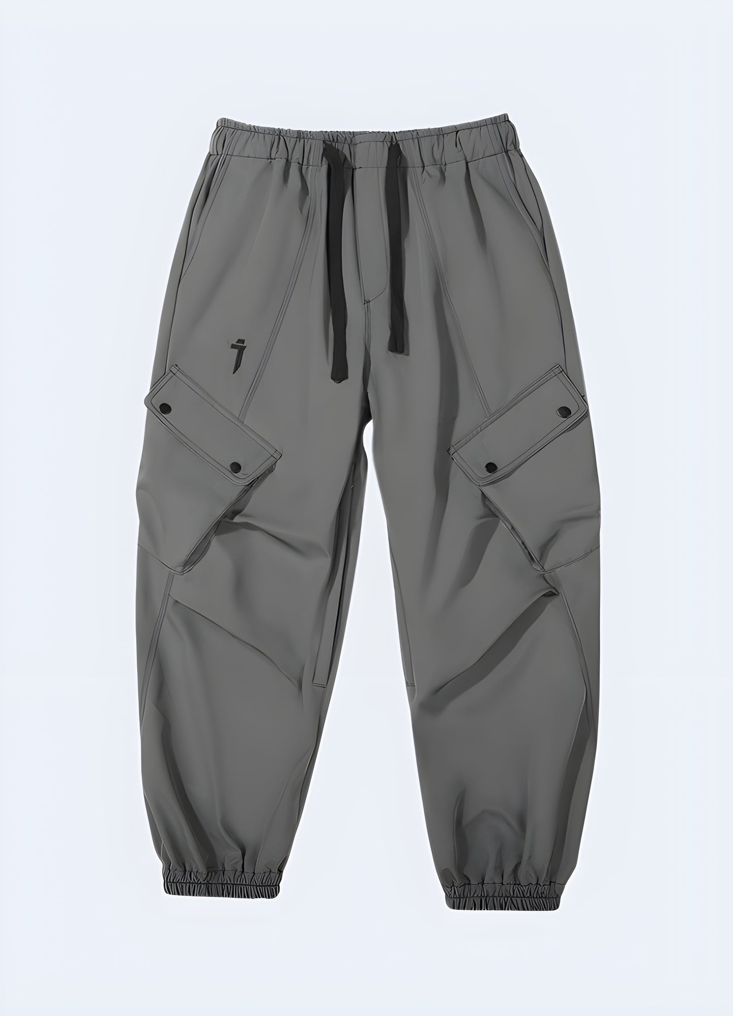 Front view of a pair of dark grey cargo trousers, highlighting the stylish design, generous storage space and durable fabric, ideal for urban and casual adventures in Canada.