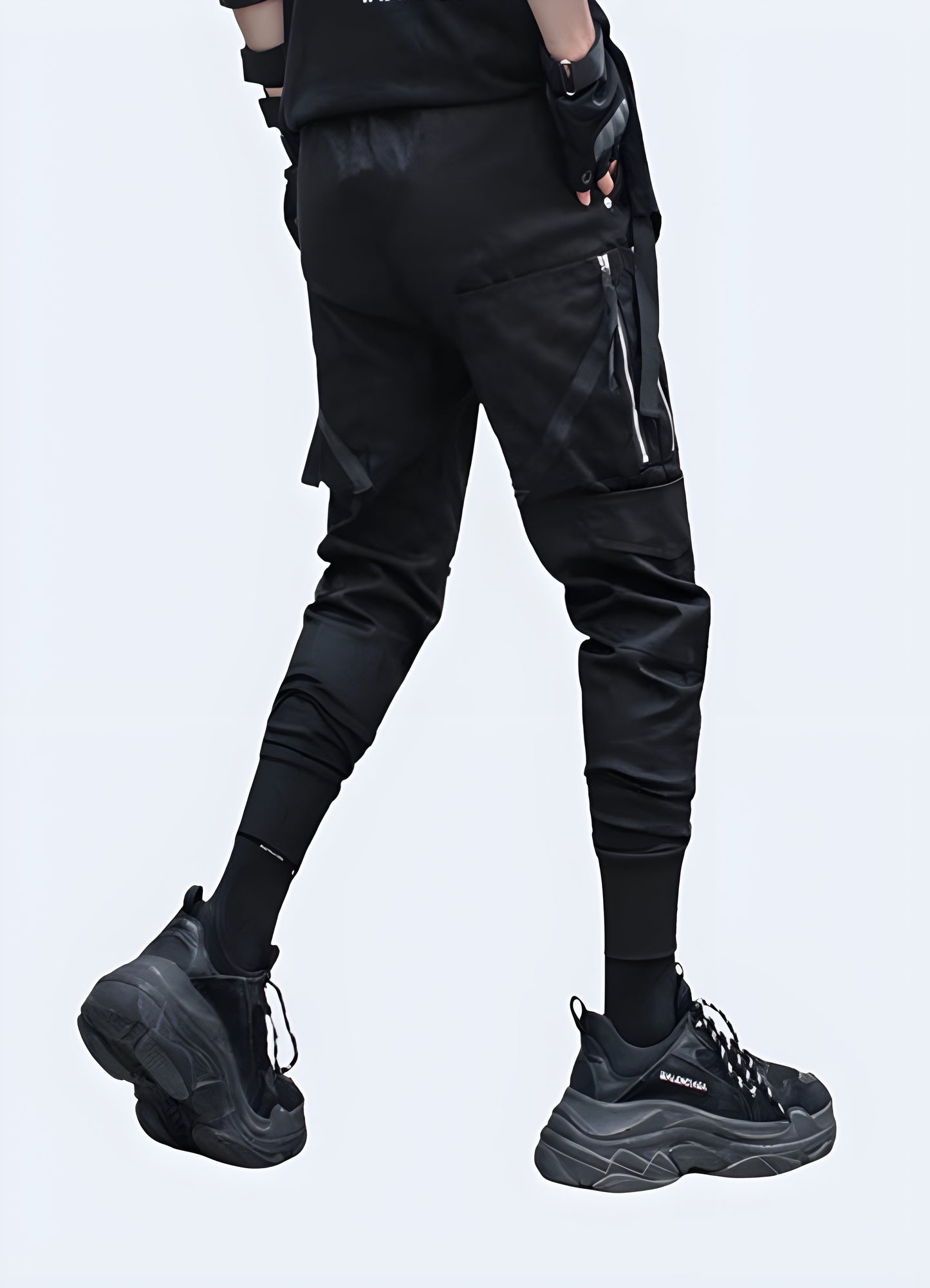 Back view of stylish Korean streetwear pants showcasing their distinctive cut and attention to detail, ideal for those seeking a fashionable look in Canada.