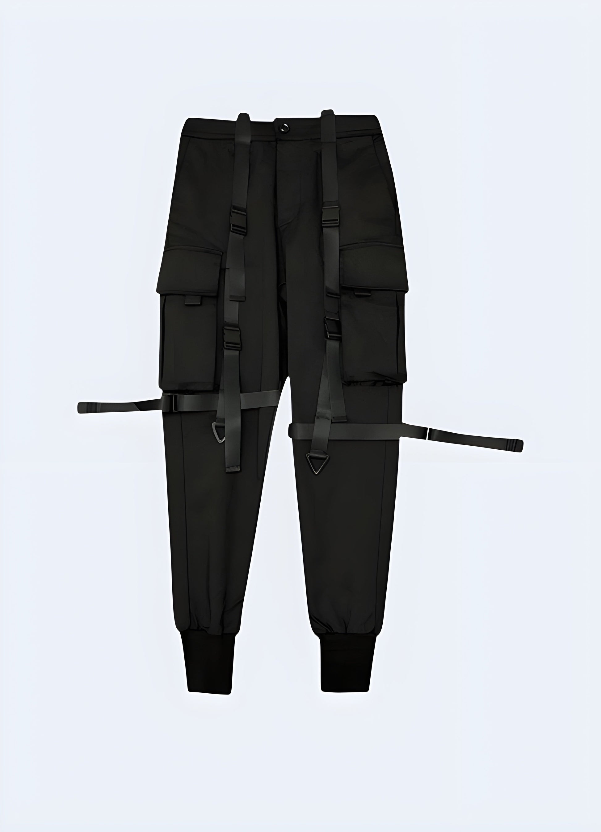 Front view of darkwear pants showcasing the all-black aesthetic, modern fit, and subtle detailing, ideal for darkwear enthusiasts and alternative fashion lovers in Canada.