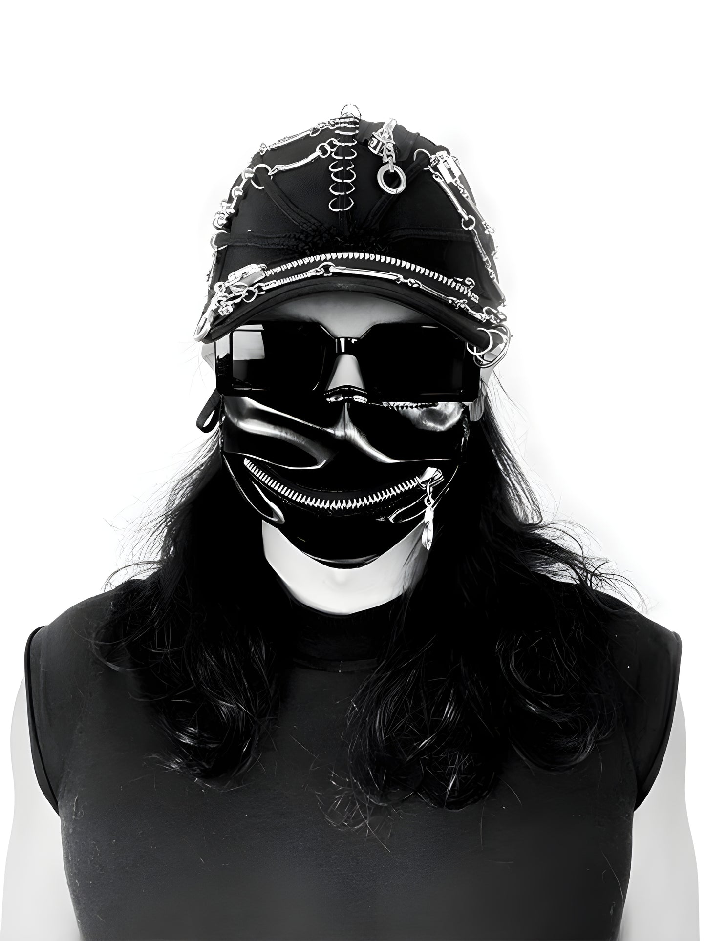 A model wearing a darkwear punk cap with attached dreadlocks, shown from the front to illustrate how the cap fits and to highlight the dramatic impact of the dreadlocks in the punk-inspired outfit.