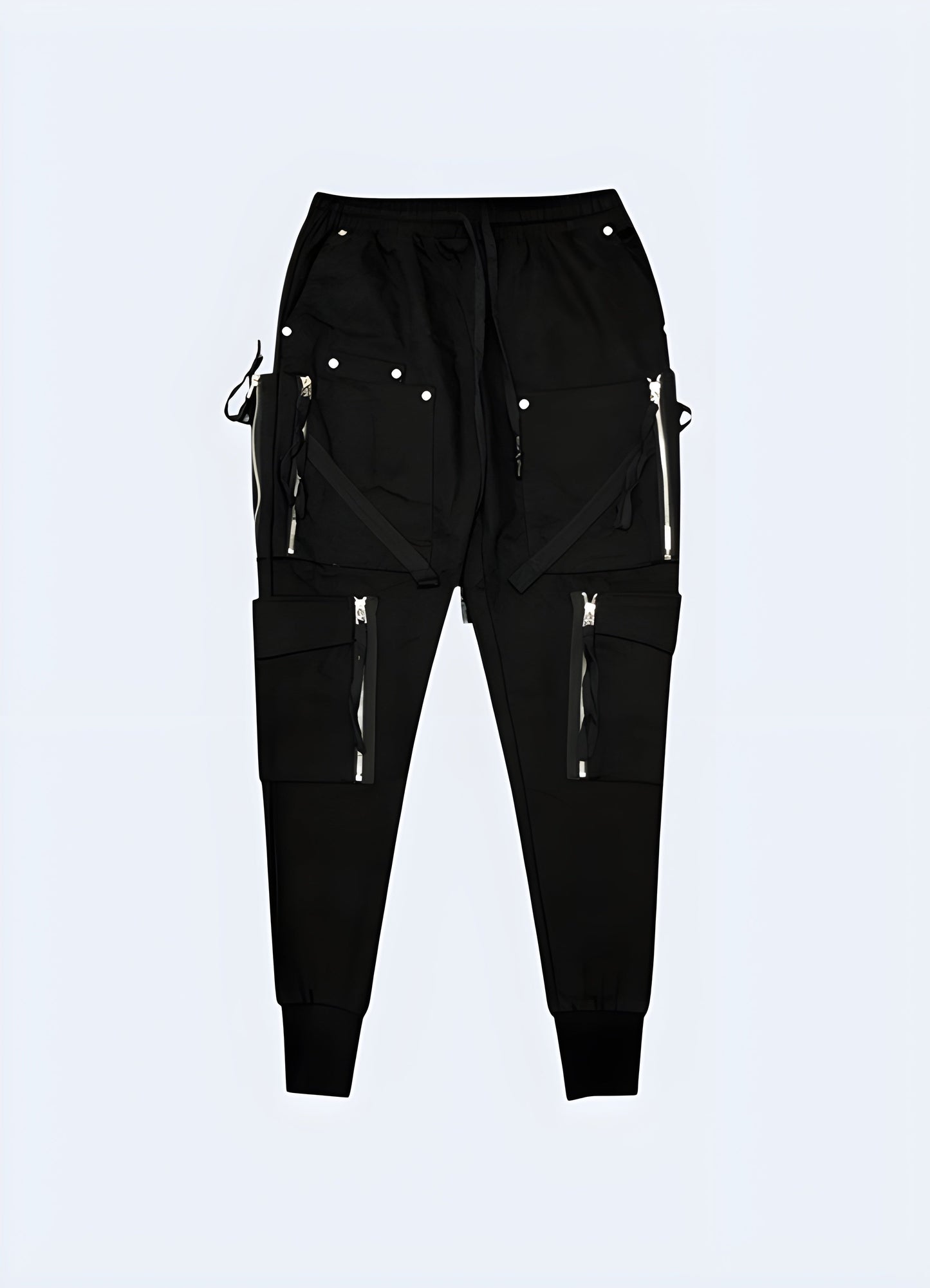Front view of durable darkwear utility pants showcasing their zipper pocket design and sleek appearance, perfect for fashion-conscious adventurers in Canada.