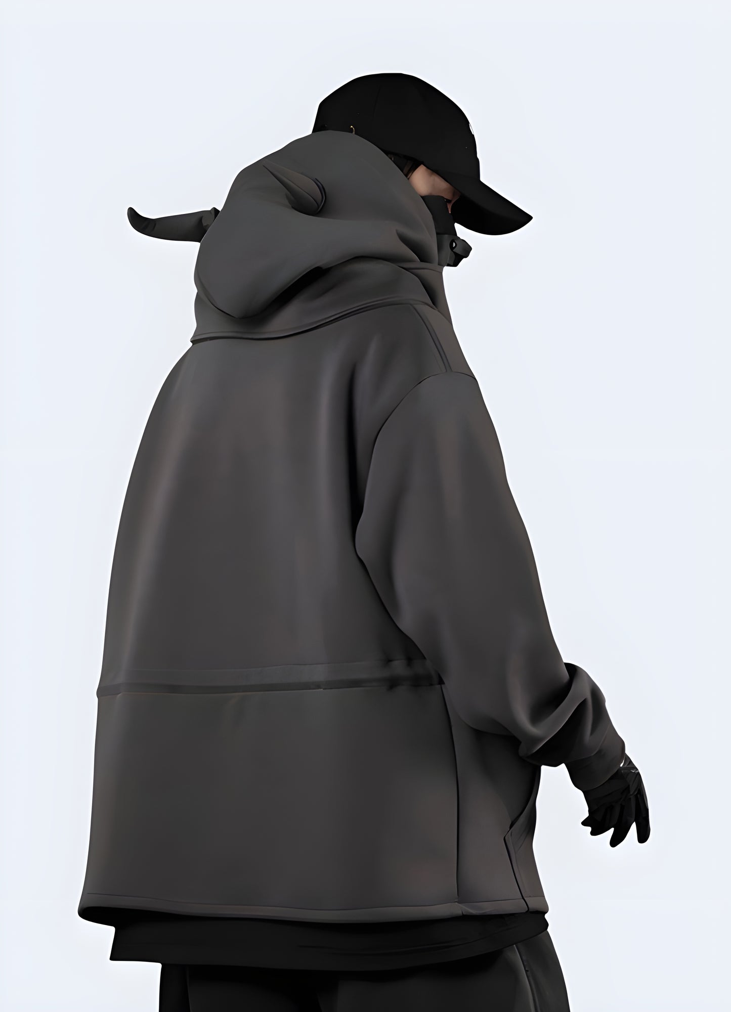 The hoodie is grey and features unique, protruding horns on the hood.