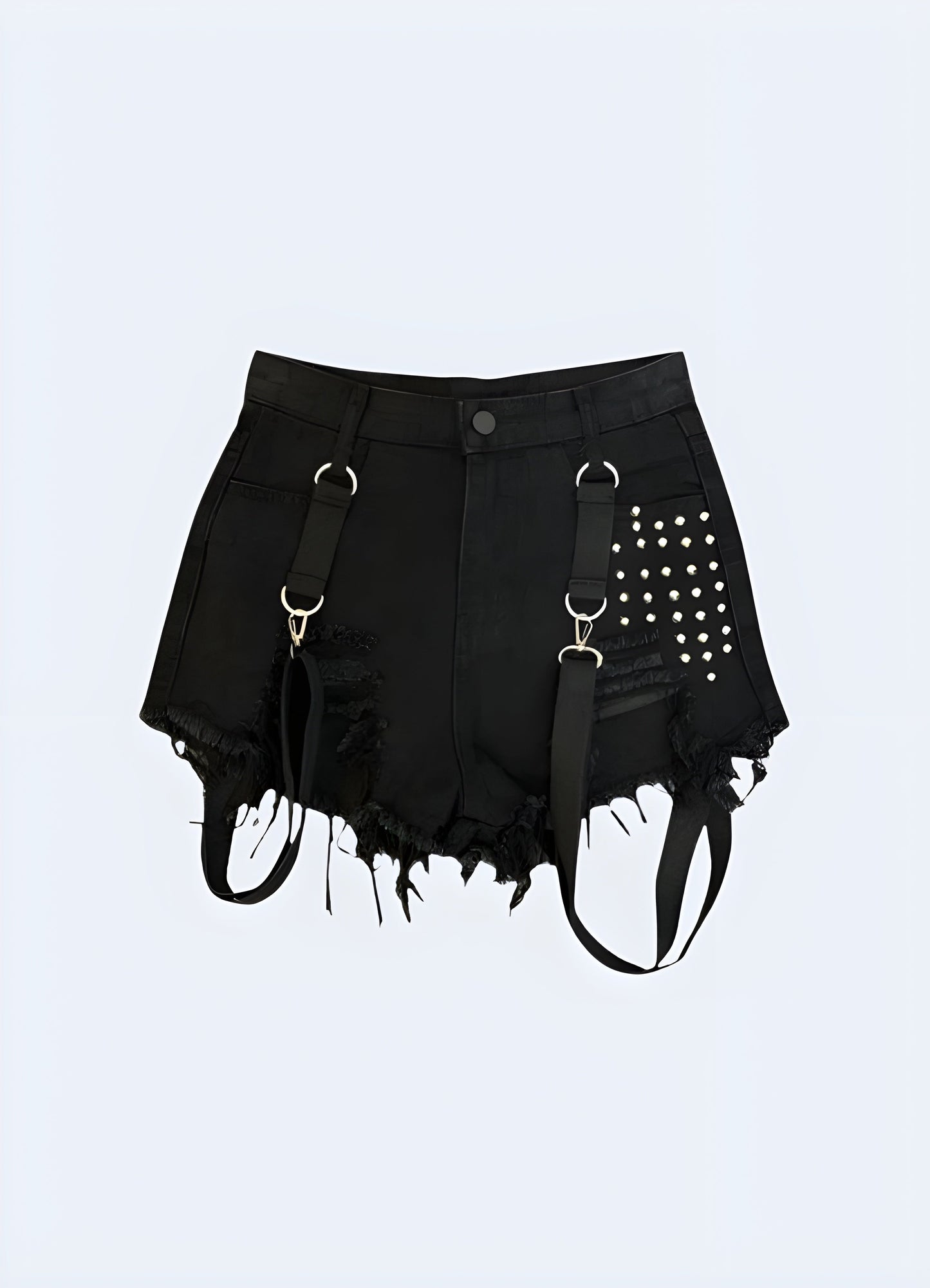 Front view of women's practical female goth denim shorts with multiple pockets for convenient storage.