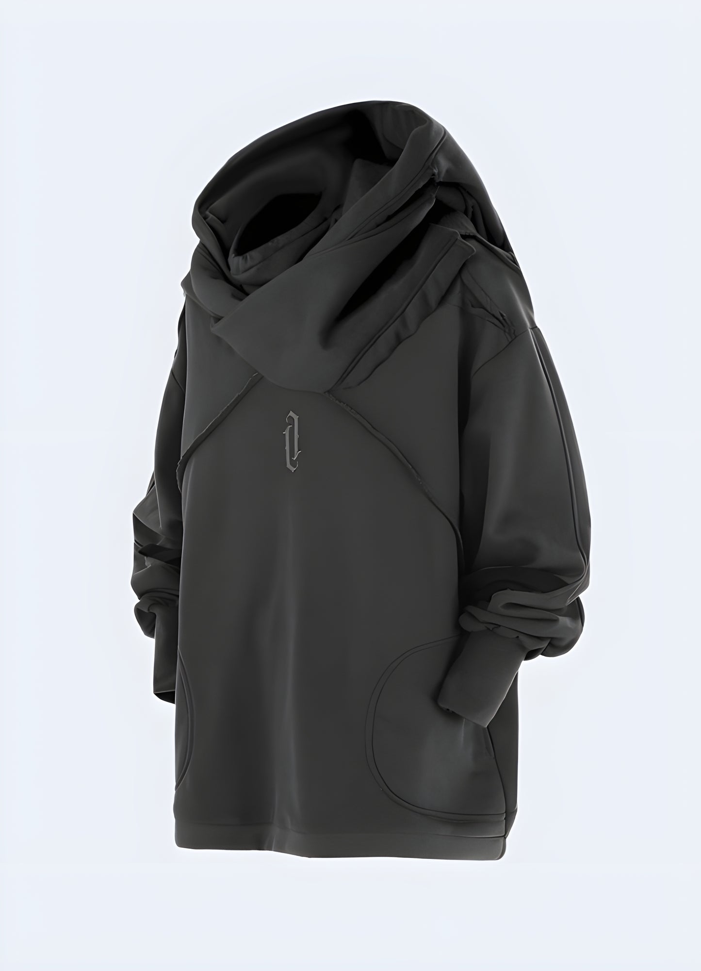 Dark grey functional hoodie featuring multiple pockets, straps, and a contemporary design, ideal for urban adventures or outdoor pursuits.
