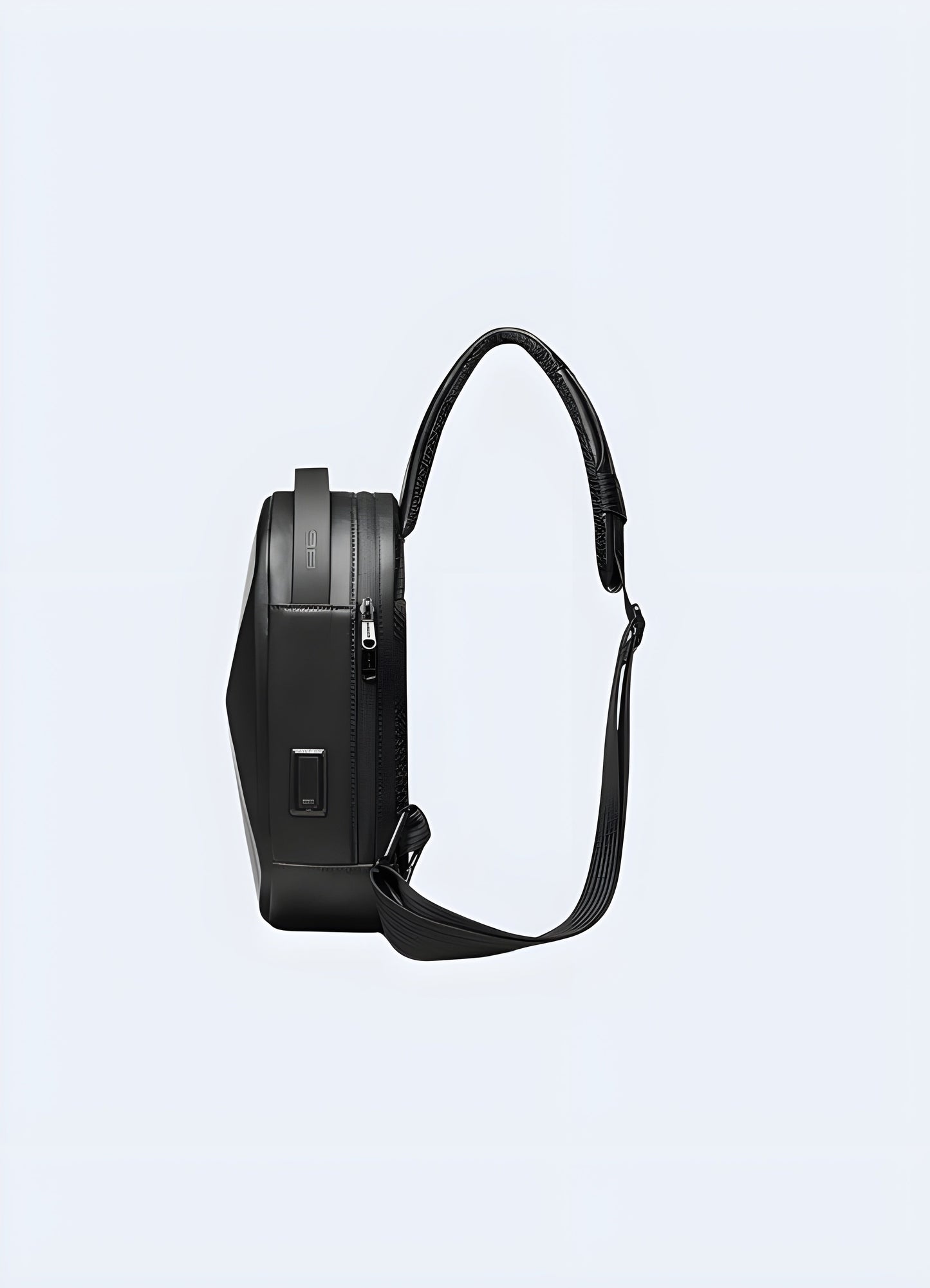 Side view of a futuristic bag showcasing sleek, modern design with advanced materials and smart features Canada.
