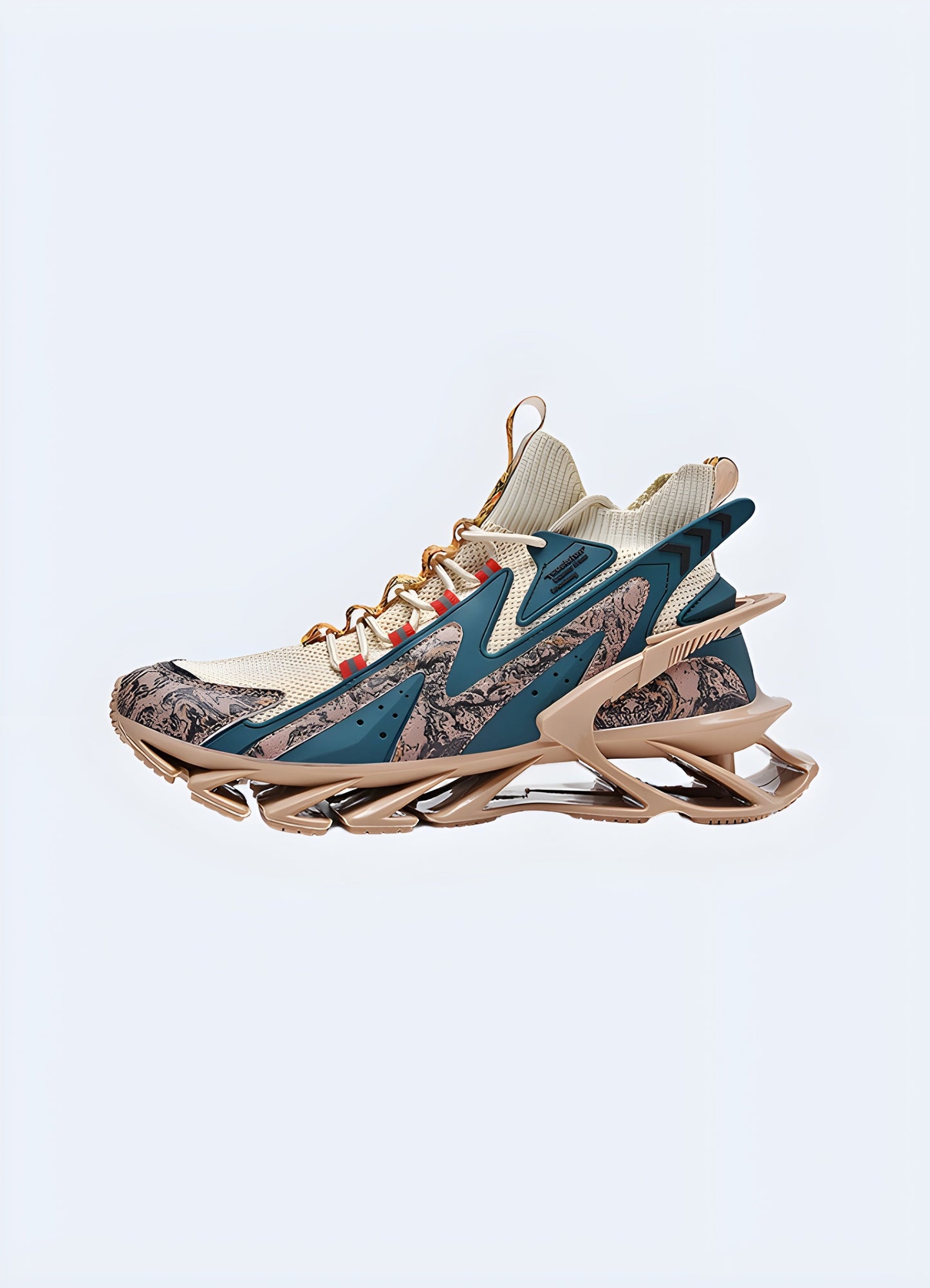 Beige futuristic-looking sneakers with a unique side profile, featuring innovative design elements and high-tech materials, perfect for fashion-conscious consumers in the Canada.