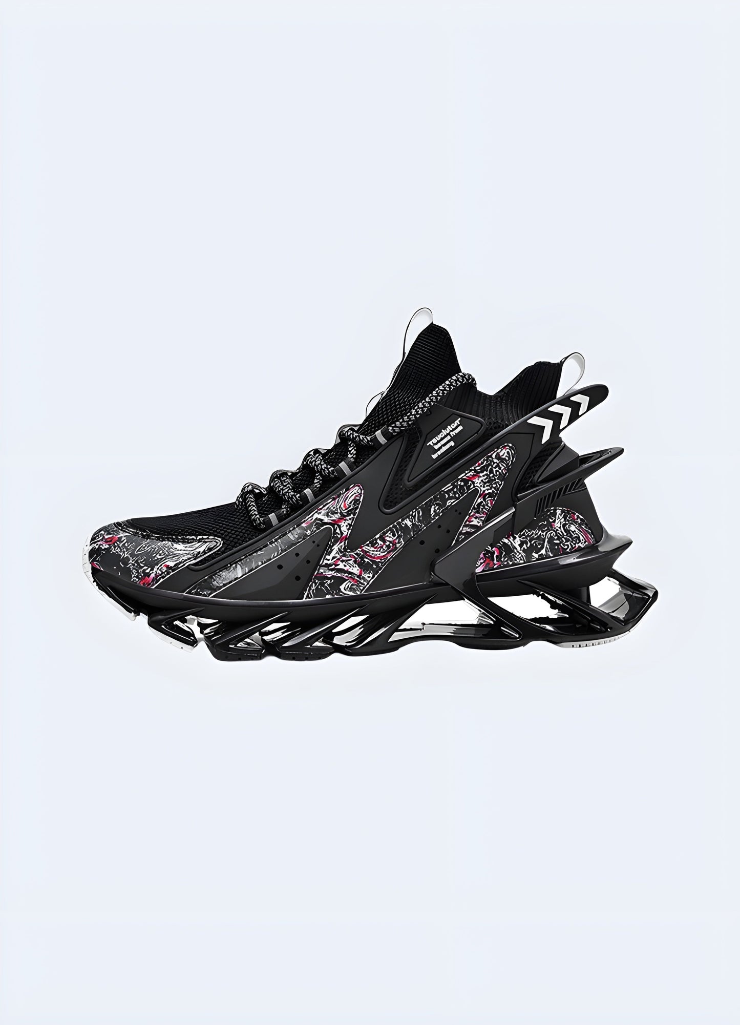Side view of black futuristic-looking sneakers showcasing their sleek design, advanced materials, and modern aesthetics, ideal for urban fashion enthusiasts in the Canada.