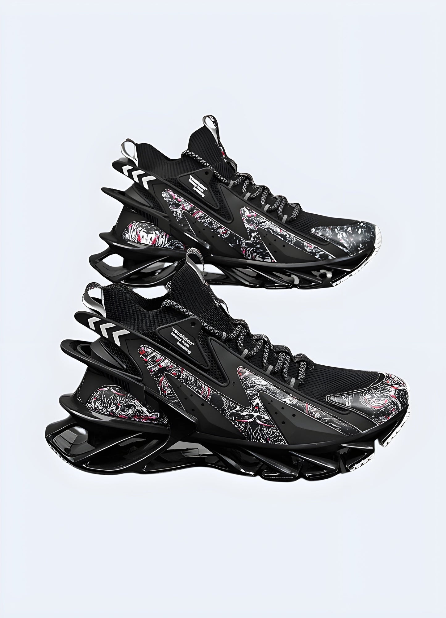 Side view of futuristic-looking sneakers on a model, showcasing the shoes' unique design, innovative materials, and cutting-edge aesthetics, perfect for fashion-forward consumers in the Canada.