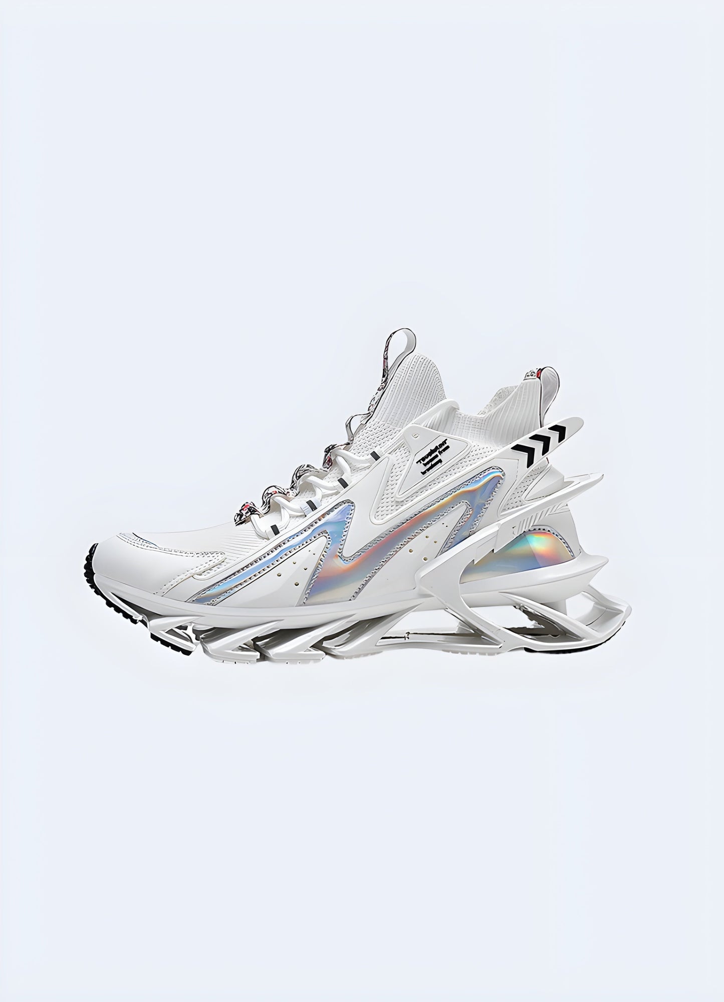 Side view of white futuristic-looking sneakers, highlighting their modern design, innovative materials, and eye-catching aesthetics, ideal for fashion-forward individuals in the Canada.