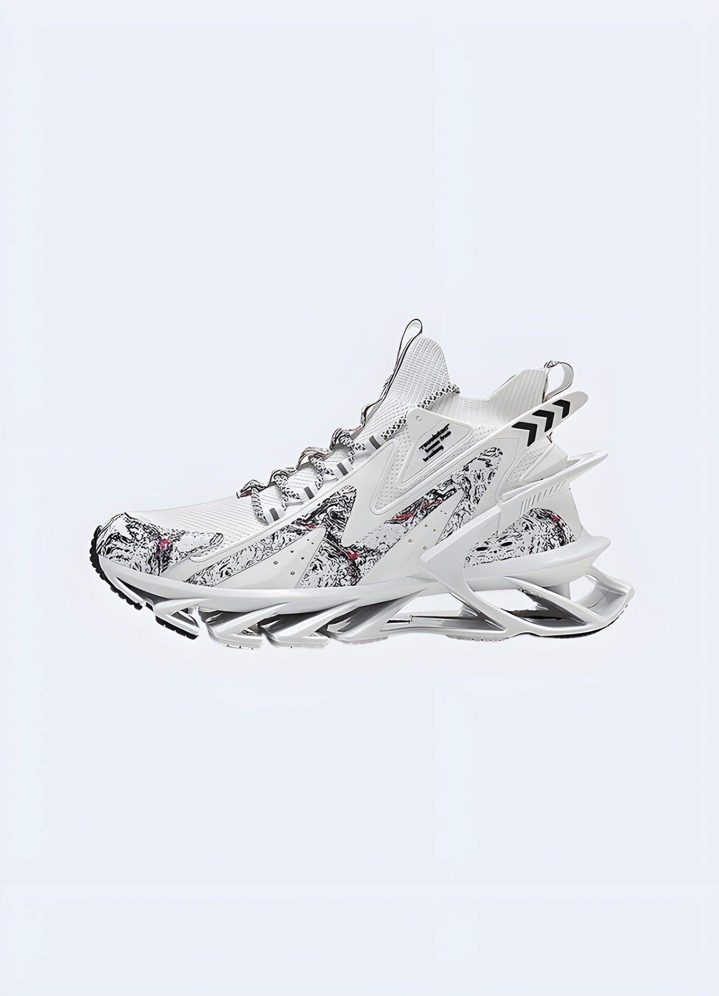 White futuristic-looking sneakers with a distinctive side view, showcasing their cutting-edge design and advanced features, perfect for making a fashion statement in the Canada