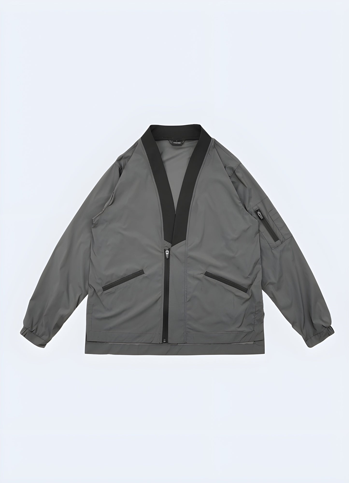 Front view of a groundbreaking futuristic noragi, showcasing the garment's sleek lines, advanced fabrics, and the perfect fusion of centuries-old Japanese fashion with contemporary, forward-thinking aesthetics Canada.