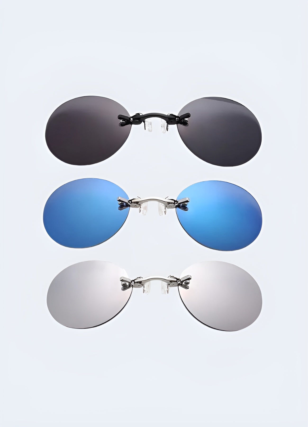 A set of three futuristic party glasses, shown from the front, featuring a mix of designs and colors.