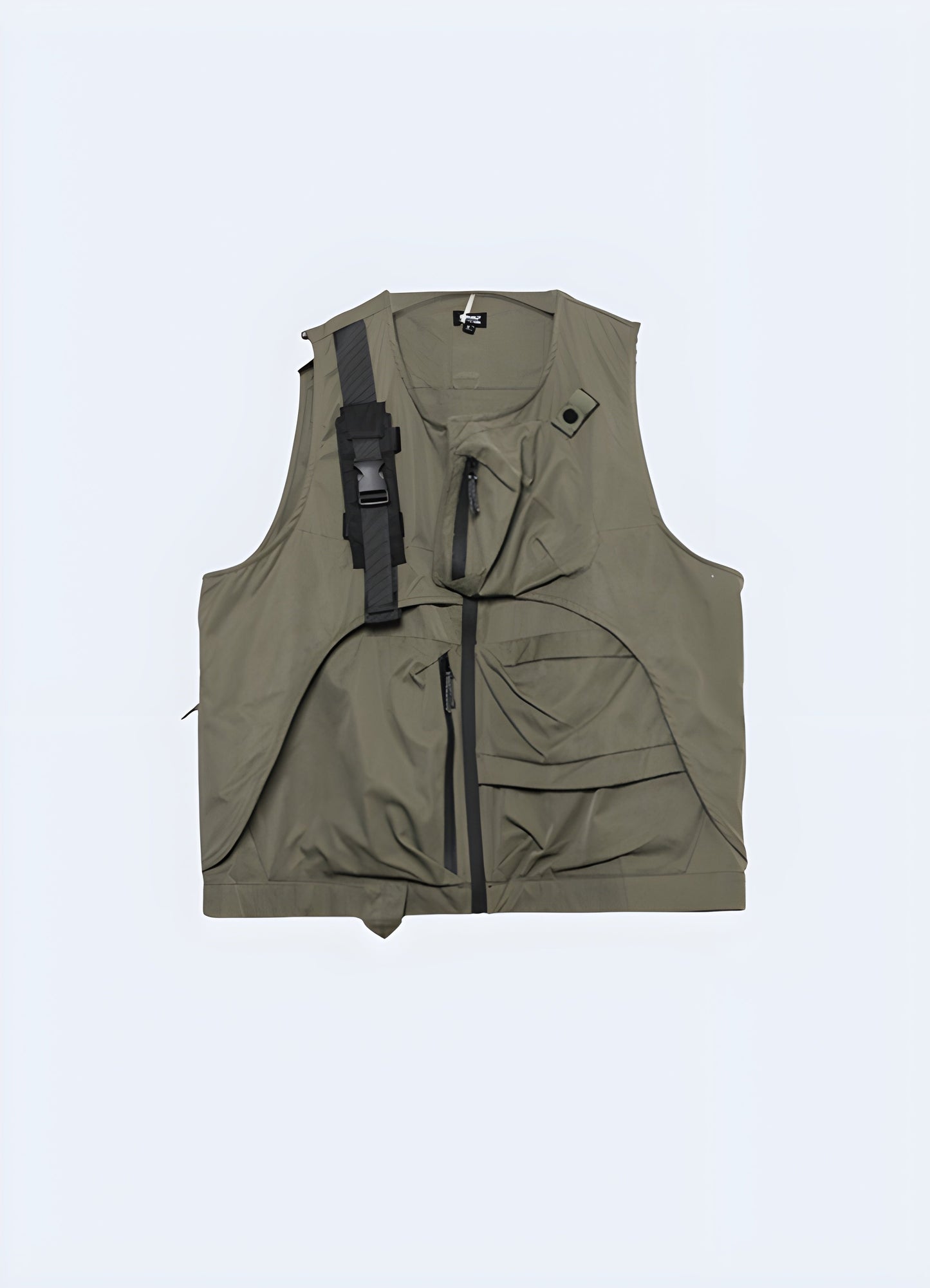Close-up front view of a high-tech black vest equipped with speakers and LED lights, tailored for outdoor enthusiasts in the Canada.