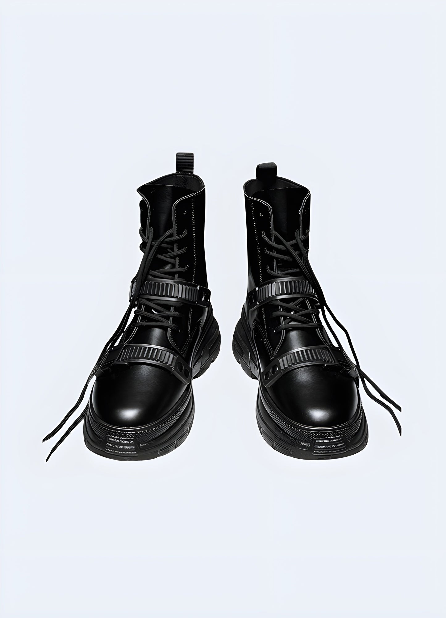 Front view of goth techwear ankle boots with fastener, highlighting the gothic-inspired details, modern silhouette, and innovative materials suitable for fashion-forward individuals Canada.