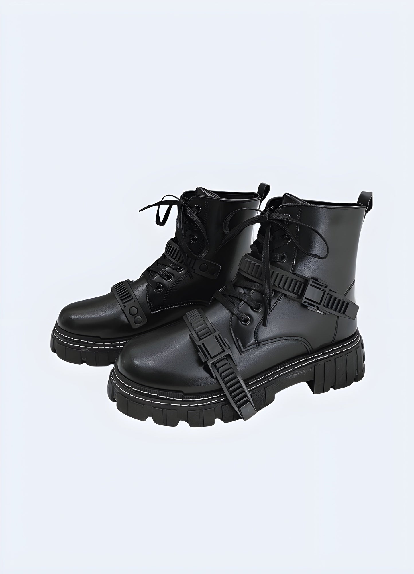 Side view of goth techwear ankle boots with fastener, showcasing the sleek black design, durable construction, and futuristic elements for a striking urban look Canada.