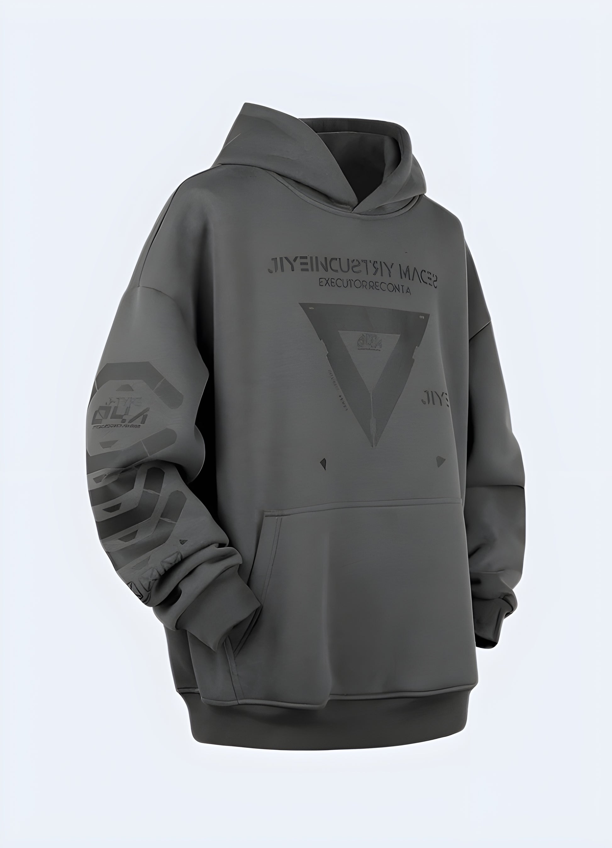 Front view of a grey graphic streetwear hoodie showcasing a bold, artistic design, ideal for making a strong fashion statement in urban environments.