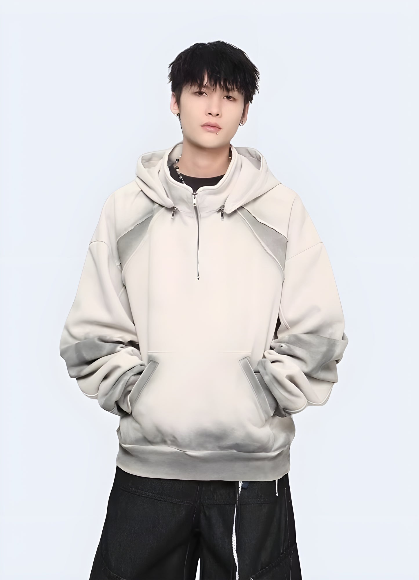Grey tech fleece hoodie front view - Canada