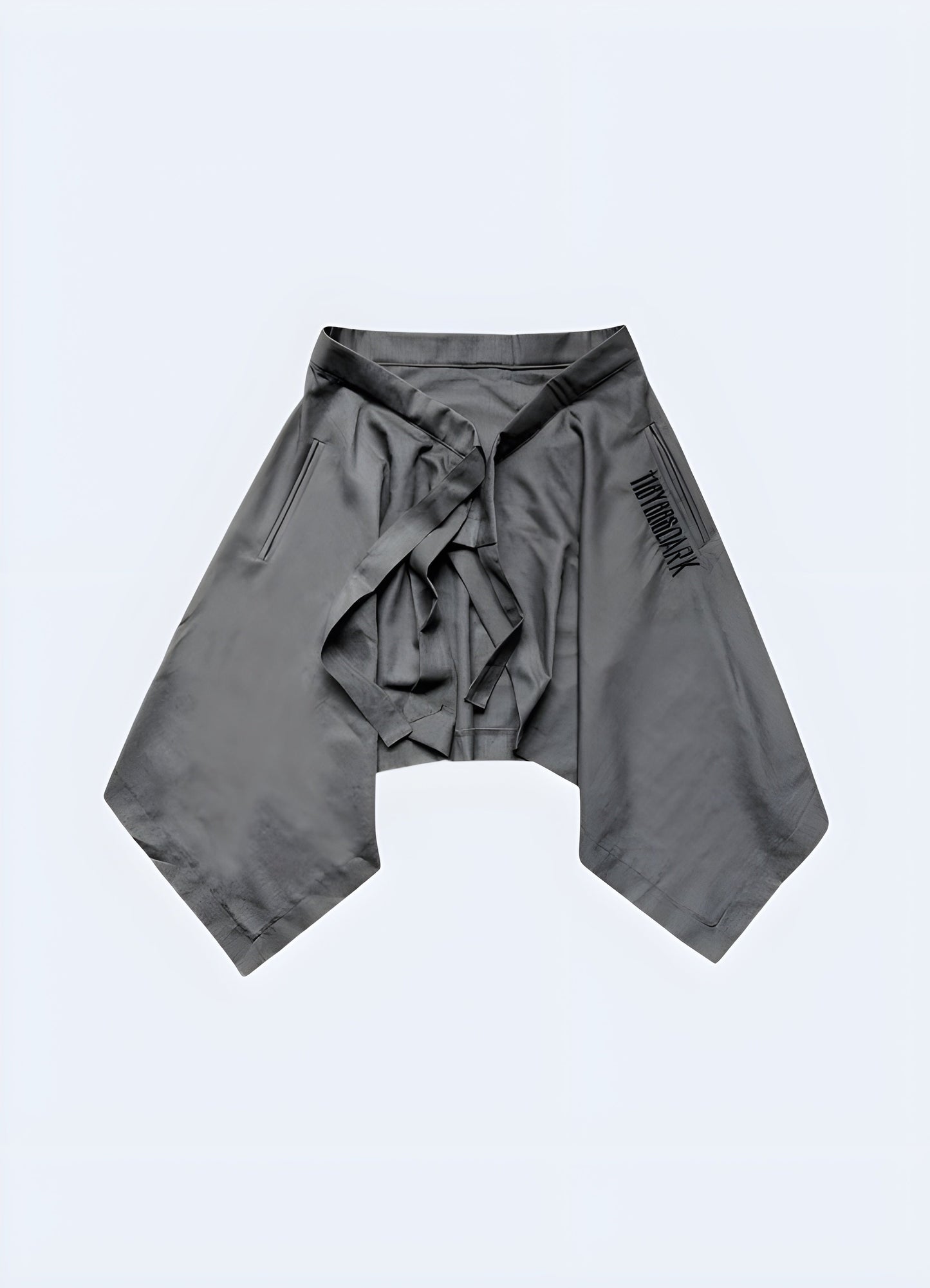 Front view of grey techwear men samurai skirt, showcasing the modern design and relaxed aesthetic, ideal for the Canada streetwear enthusiast.