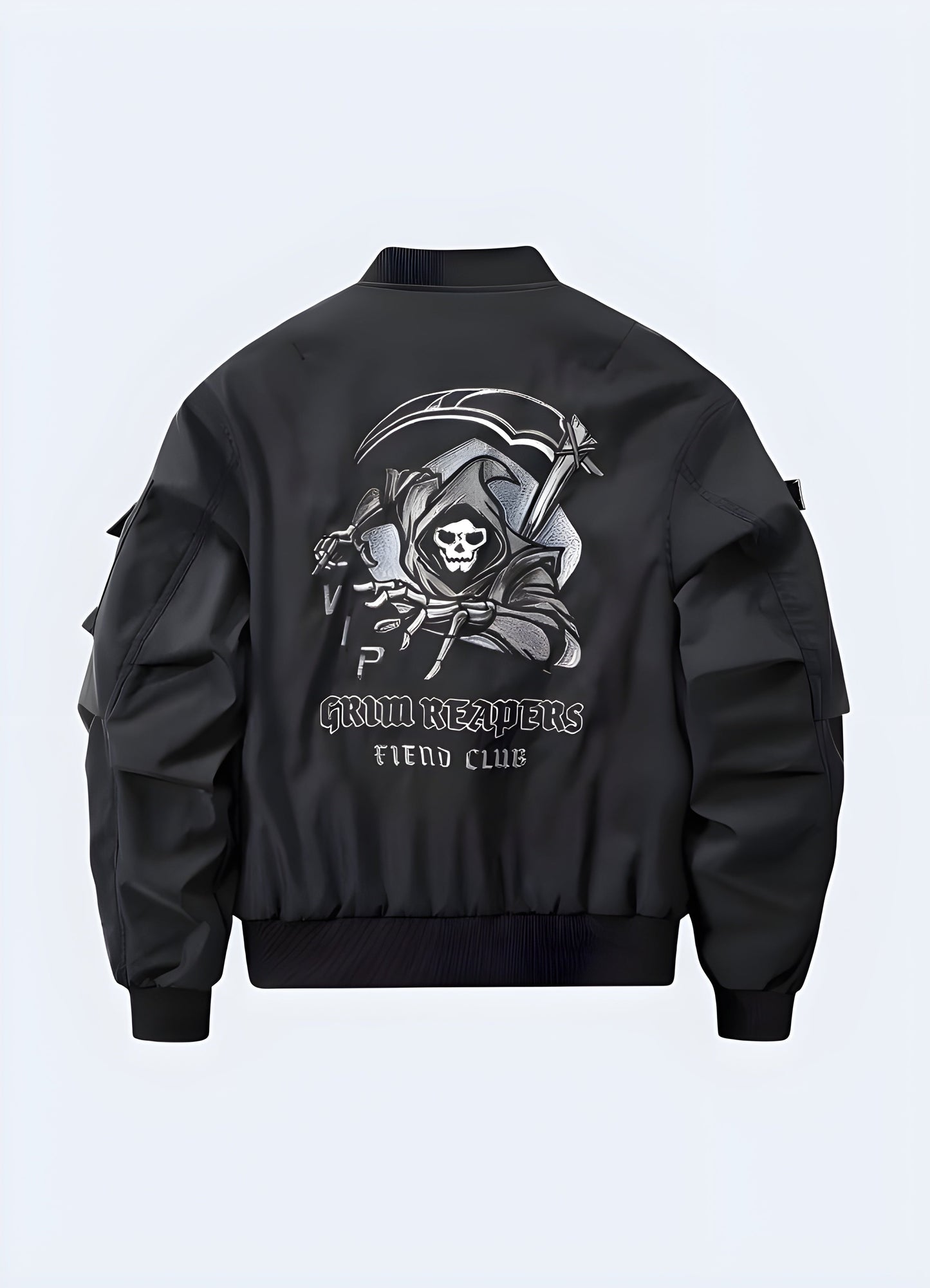 Back view of a grim reaper bomber black showcasing its distinctive skull and bones embroidery, durable construction, and modern silhouette, ideal for expressing a daring, one-of-a-kind fashion sense in Canada's dynamic city environments.