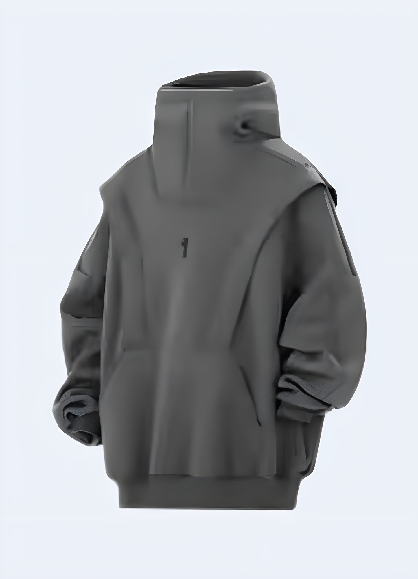 Front view of a person in a grey Harajuku hoodie showcasing a unique blend of different materials, numerous zippers, and an asymmetrical cut, perfect for making a bold fashion statement in the Japanese streetwear scene.