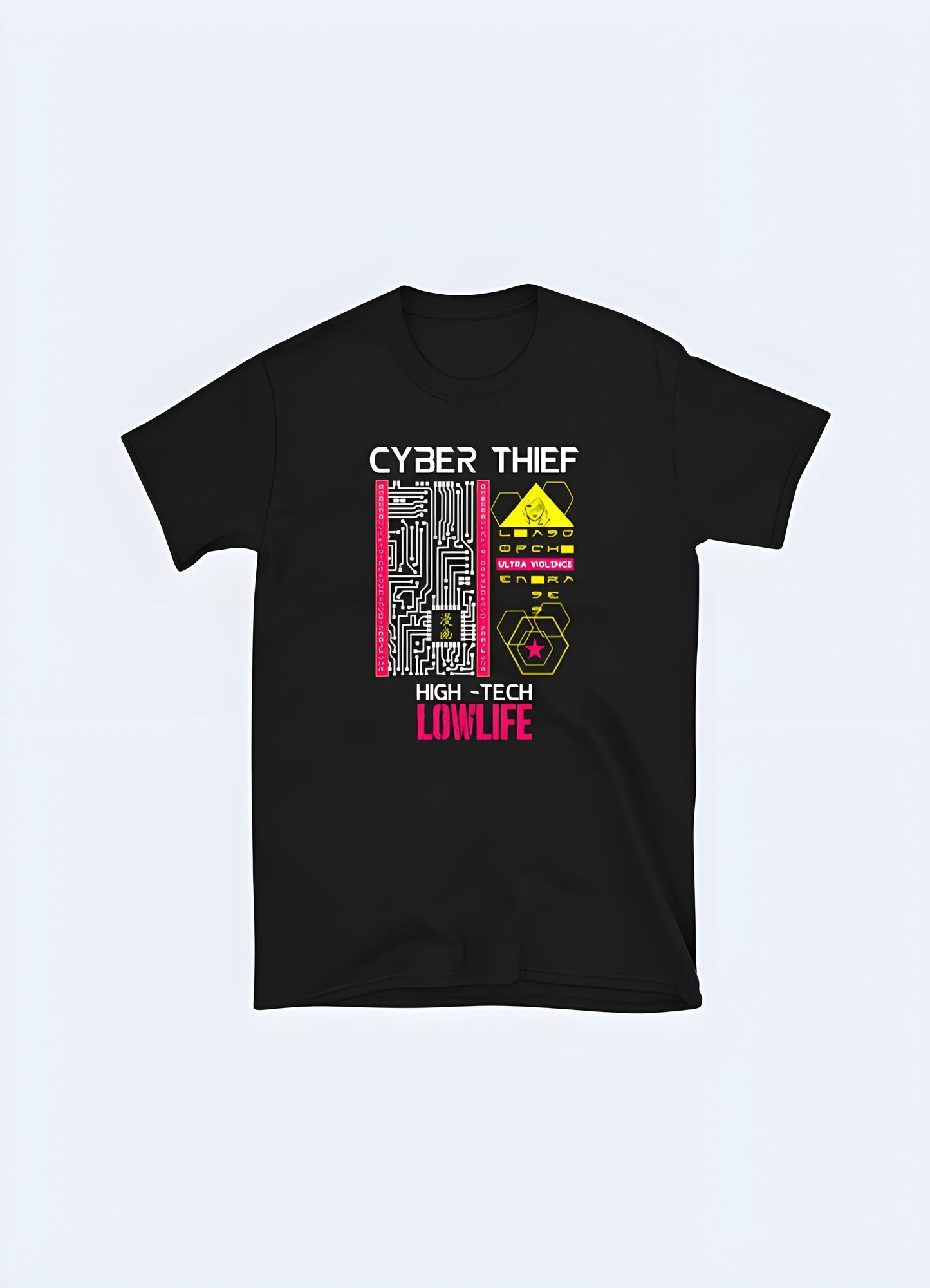Front view of a "High Tech Low Life" shirt showcasing its bold design and edgy aesthetics, ideal for making a statement in the canada fashion scene.