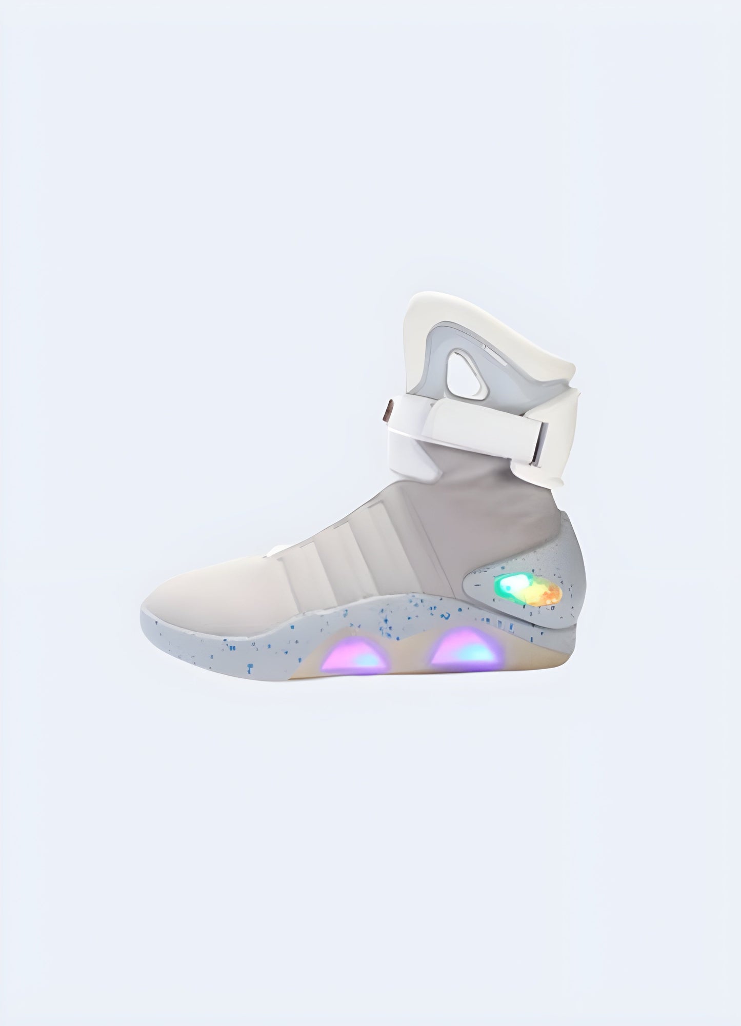 Side view of high-top futuristic sneakers in grey, showcasing their sleek and modern silhouette, ideal for elevating Canada urban outfits with a touch of avant-garde style.