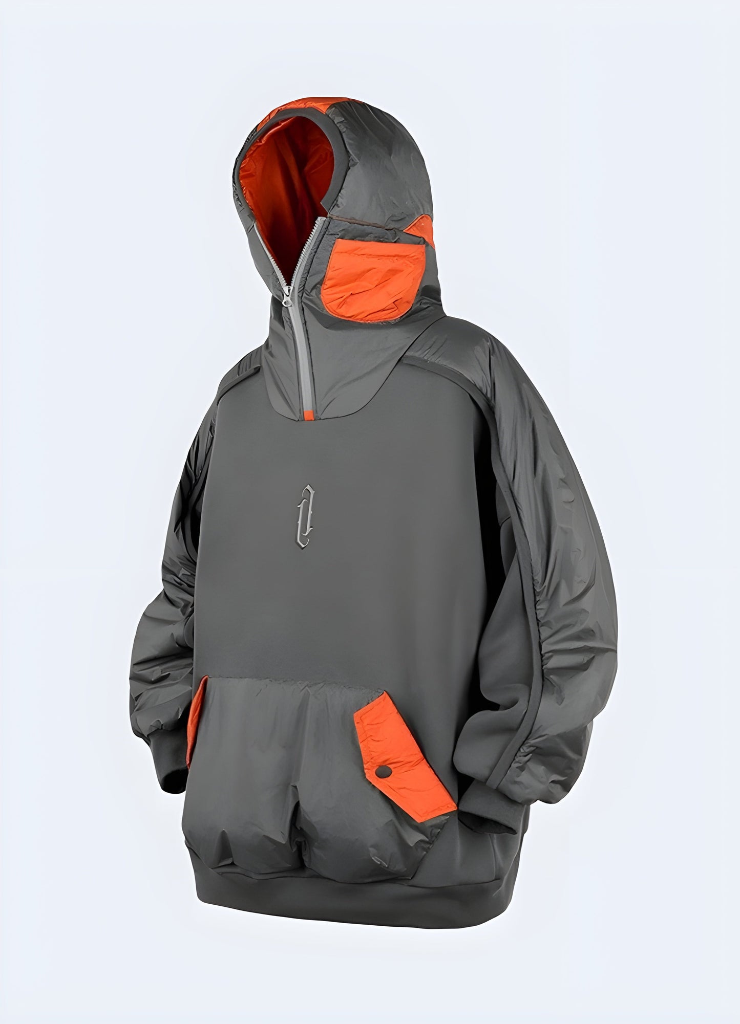 Japanese streetwear hoodie in grey, front and side view, available in Canada, emphasizing its stylish design and versatility.