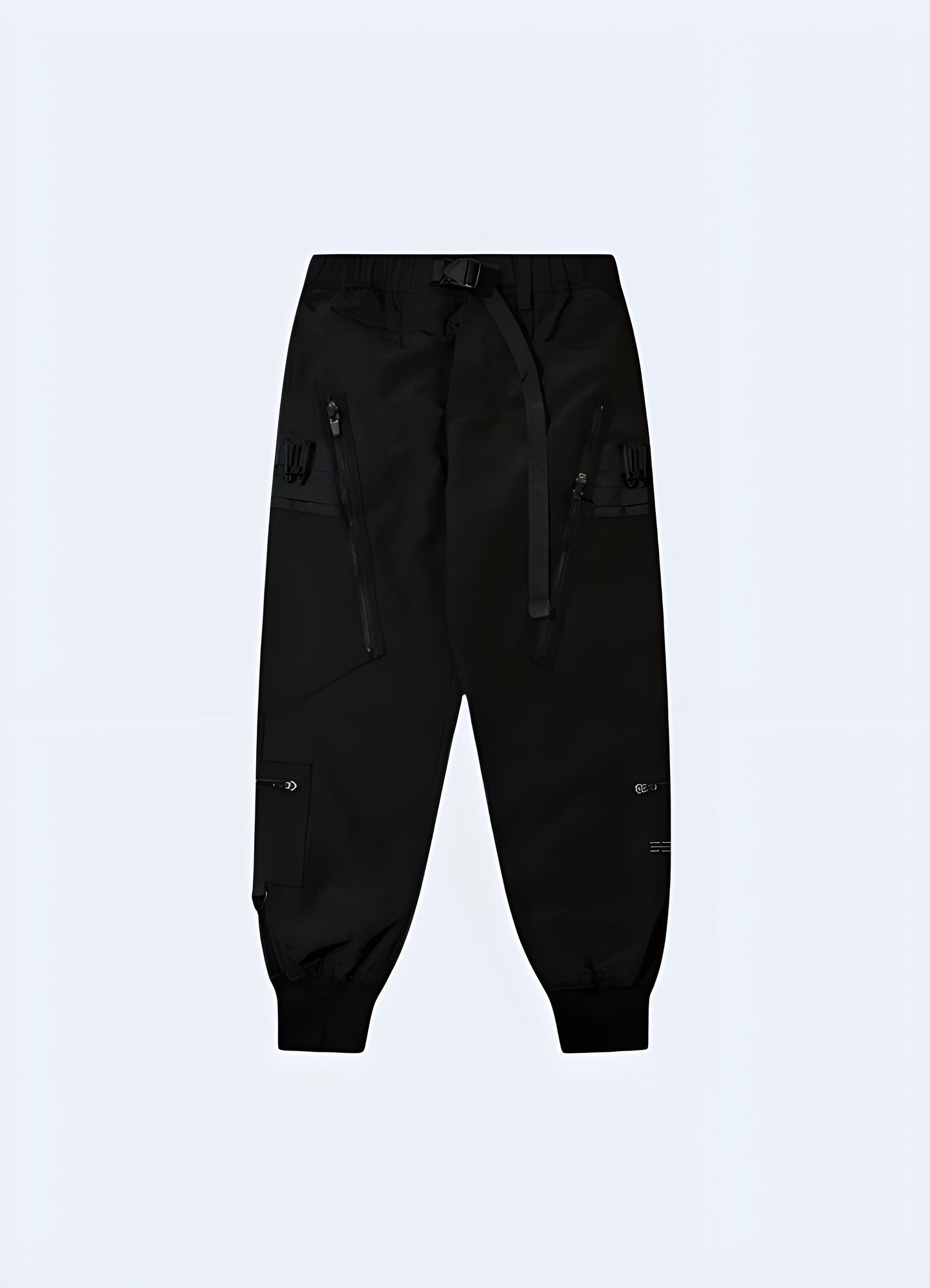 Front view of trendsetting Japanese streetwear pants showcasing their distinctive style and attention to detail, perfect for fashion-conscious consumers in Canada.