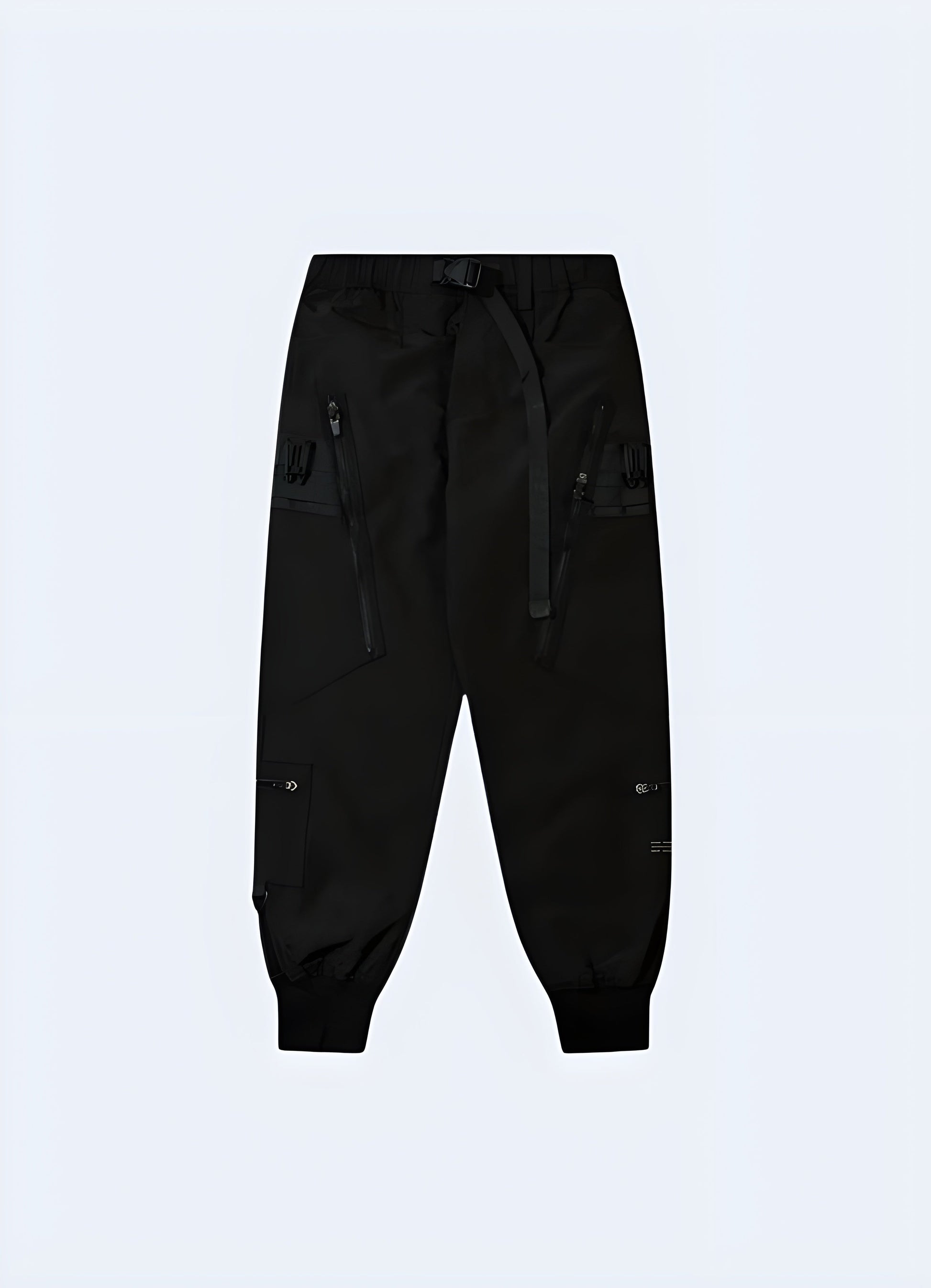 Front view of trendsetting Japanese streetwear pants showcasing their distinctive style and attention to detail, perfect for fashion-conscious consumers in Canada.