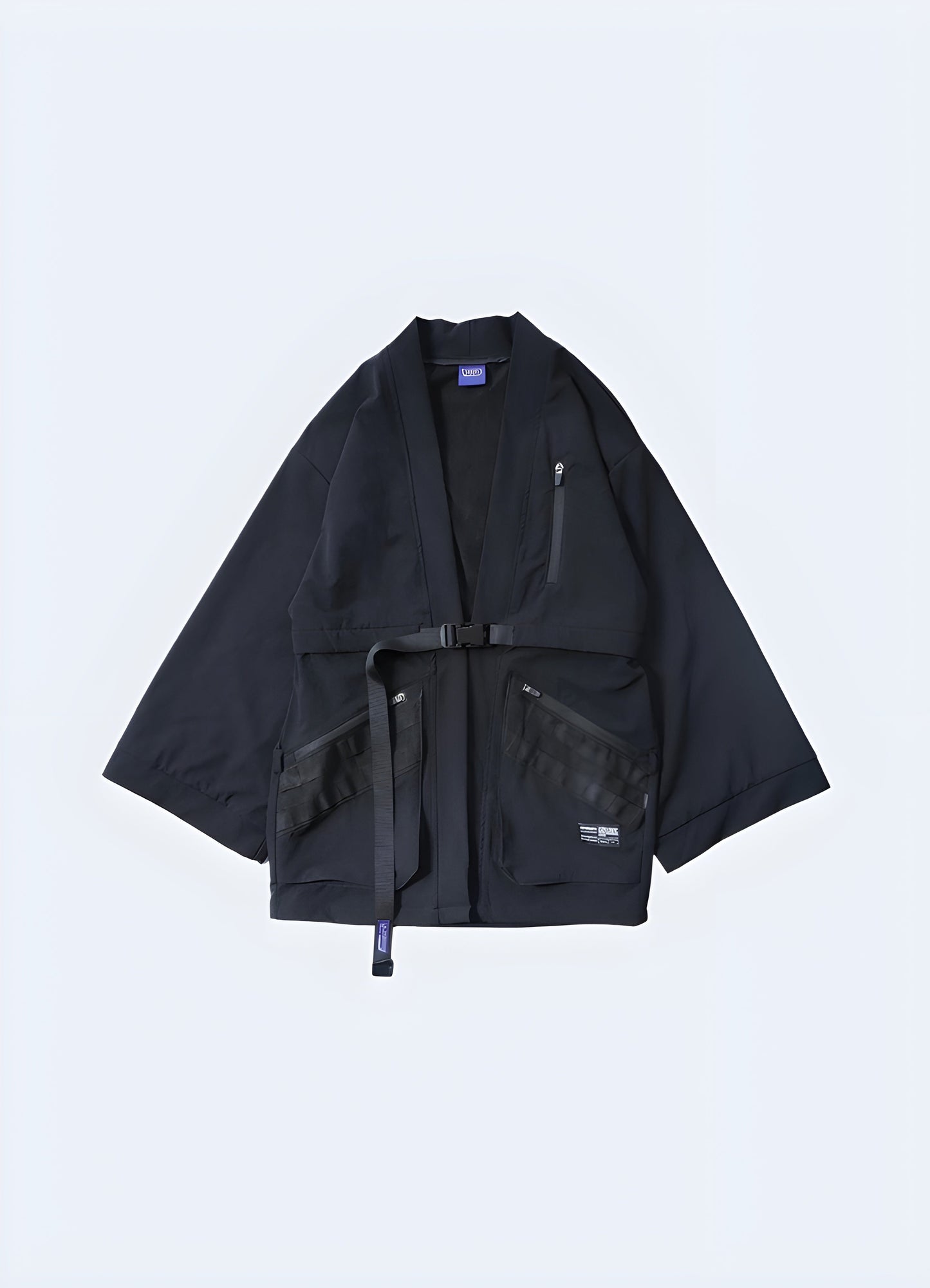 Front view of a model wearing a long black kimono jacket, highlighting the sleek design and versatile appeal, suitable for various occasions and events in the Canada.