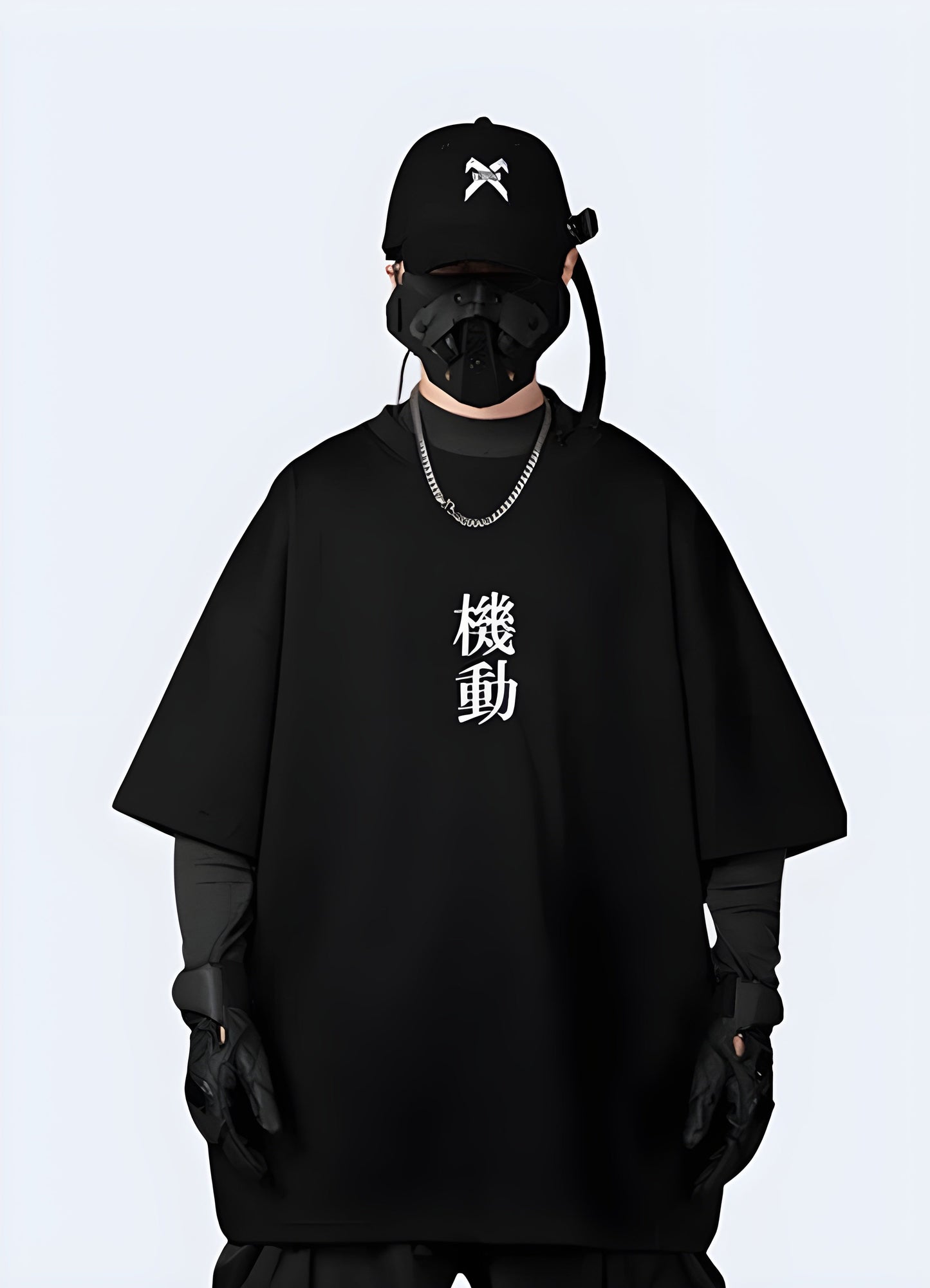 Front view of a man wearing a Japanese kanji t-shirt, showcasing its eye-catching design and comfortable fit for enthusiasts of Japanese culture in the canada.