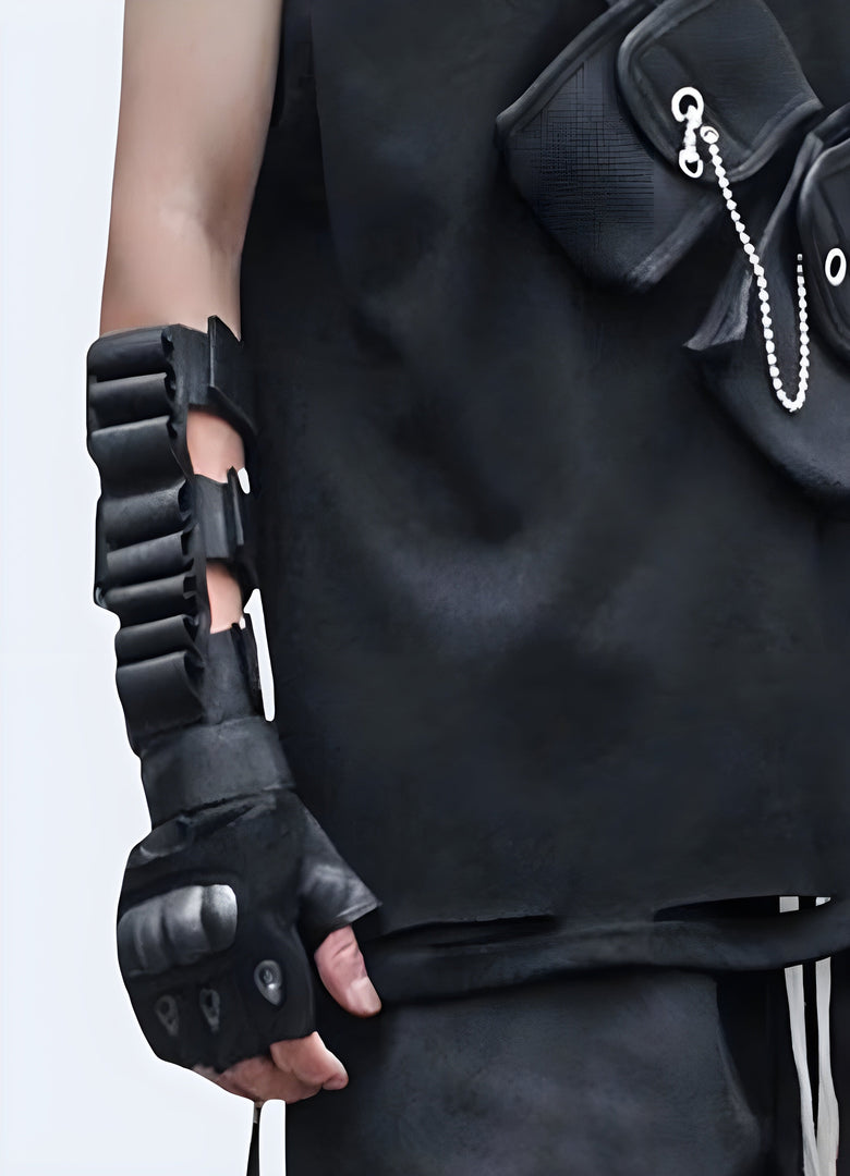 A man wearing a black tactical strap in a front view, showcasing the strap's functionality and design Canada.