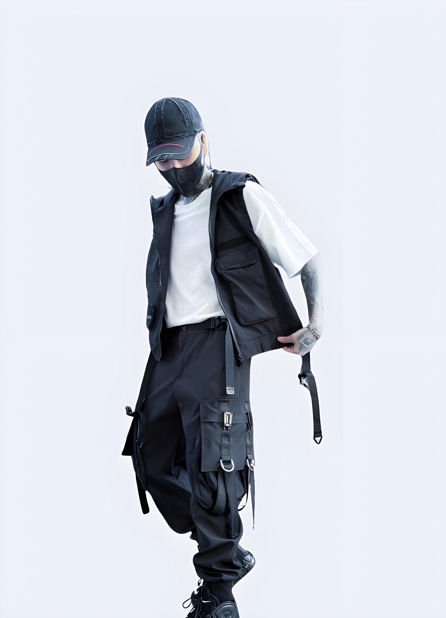 Front view of a man donning a cutting-edge black techwear inspired black vest with integrated speakers and LED lights, ideal for outdoor adventures in the Canada.