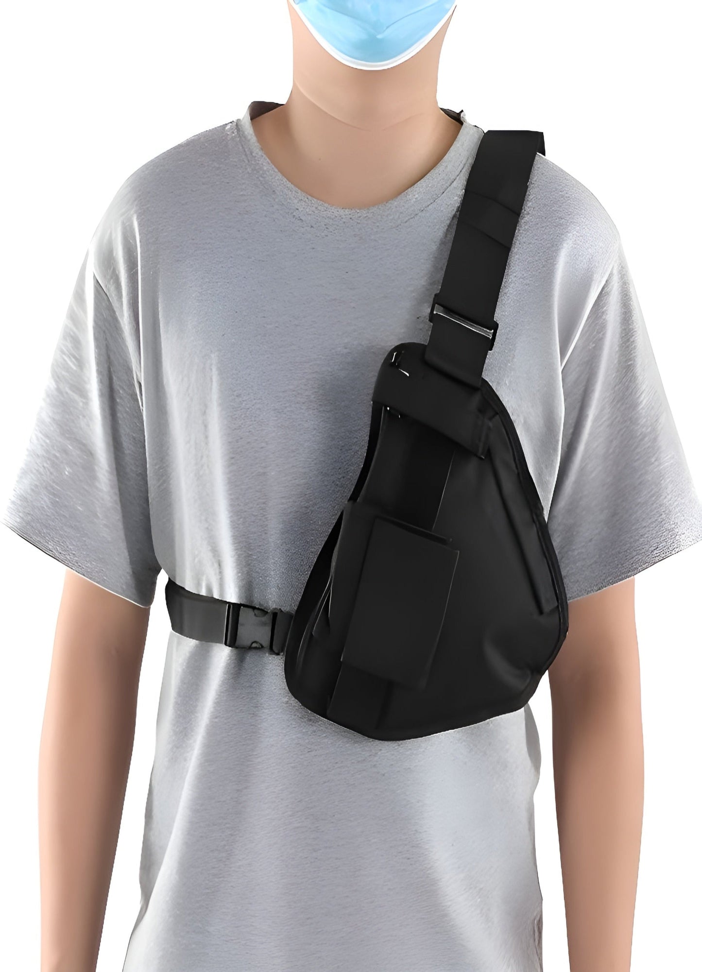 The bag is strapped across his chest with adjustable shoulder straps, and it features multiple pockets with zippers and Velcro closures Canada.