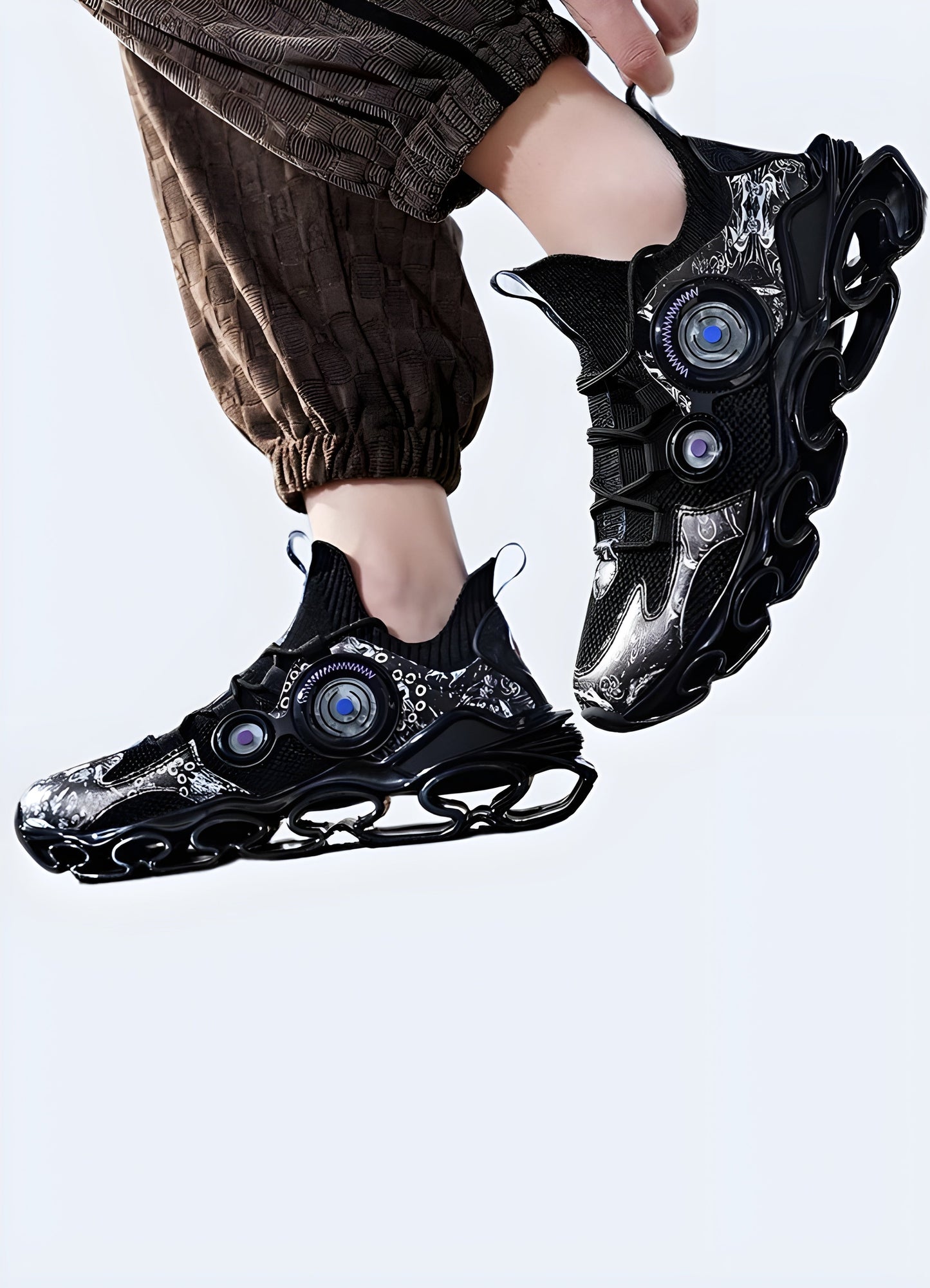 Man wearing cutting-edge shoes while posing, demonstrating the shoes' style, comfort, and advanced features for fashion-conscious consumers in th Canada.