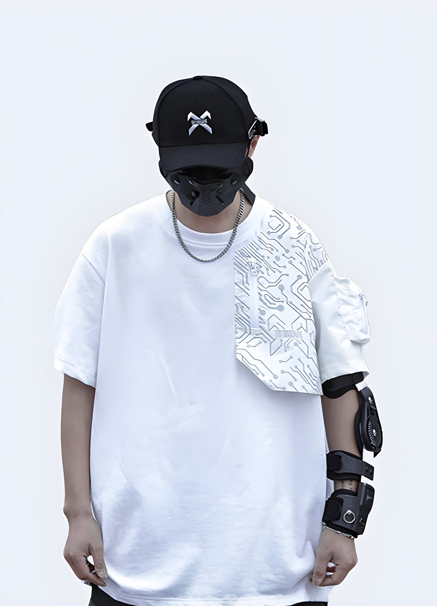 Front view of a man sporting a cyber shirt, highlighting its cutting-edge aesthetics and versatile design for fashion-forward individuals in the Canada.