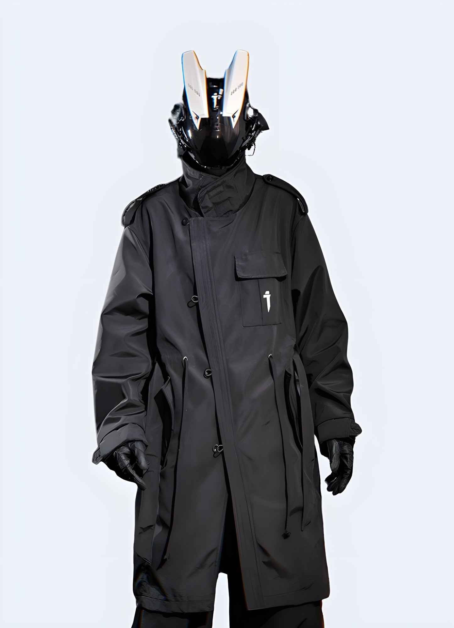 Man wearing a cyberpunk futuristic jacket – Front view | High-tech, urban techwear jacket with bold design for a futuristic streetwear look.