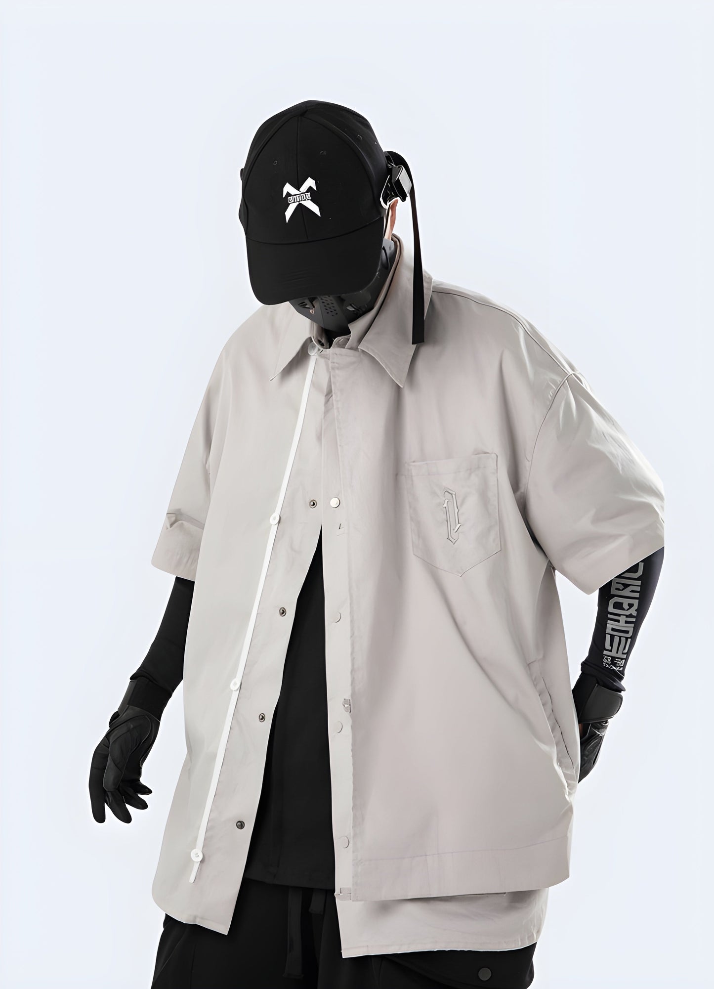 Front view of a man in a striking cyberpunk-inspired kimono featuring a black and red color scheme, captured in the Canada.