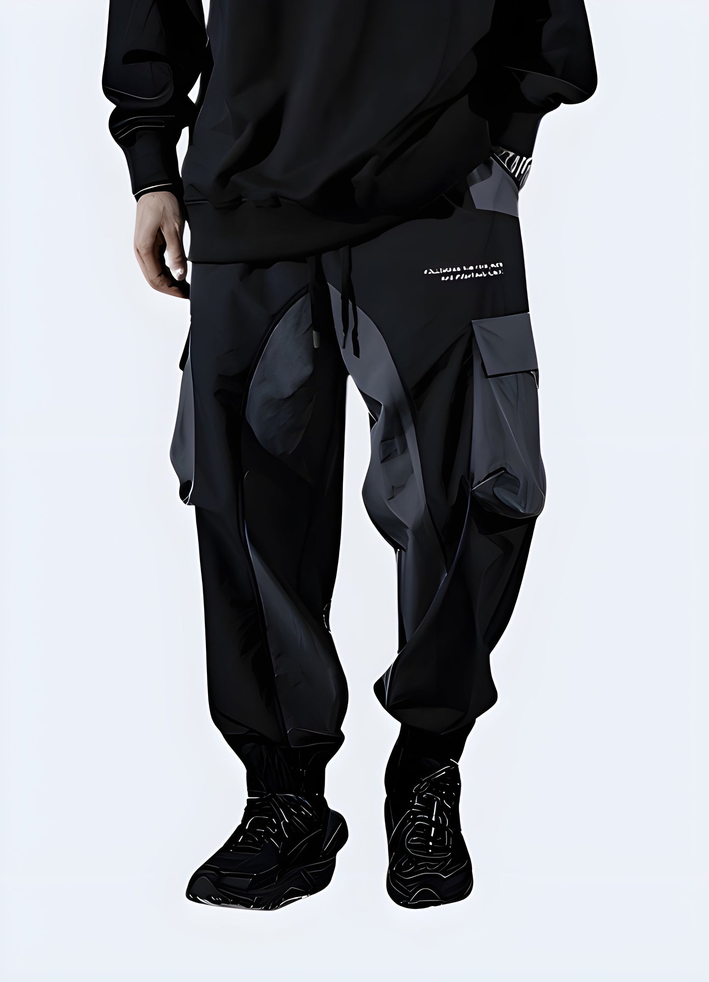 Man sporting black cyberpunk joggers, front side view, trendy urban clothing style in the Canada.