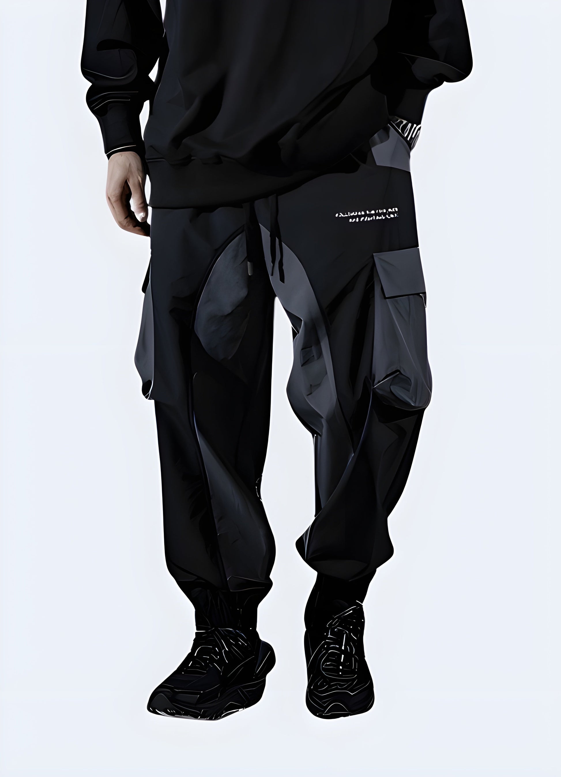 Man sporting black cyberpunk joggers, front side view, trendy urban clothing style in the Canada.