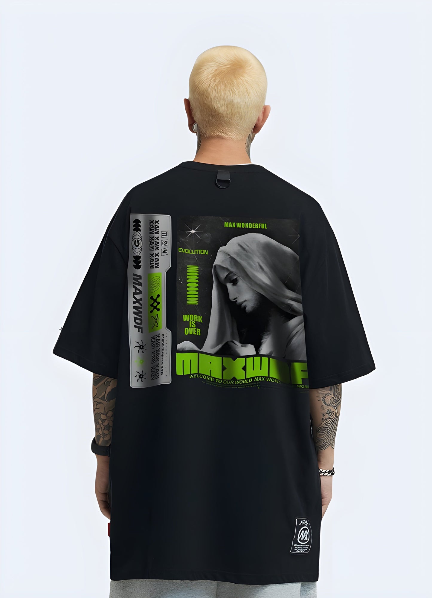 Back view of a man sporting a cyberpunk t-shirt, highlighting its striking design elements and comfortable fit for fans of dystopian fashion in the Canada.