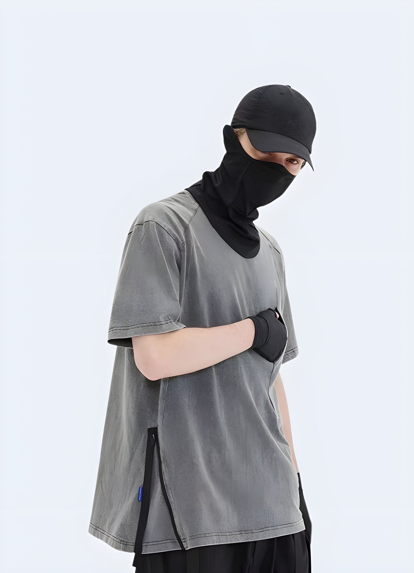 Model showcasing the front side view of a futuristic shirt, highlighting its sleek lines and modern fit for fashion-forward individuals in the canada.