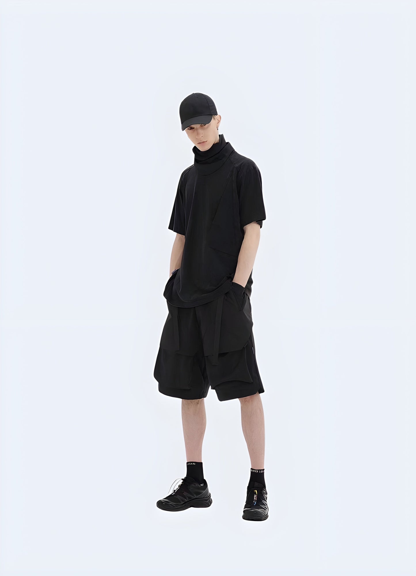 Front view of a man wearing a futuristic shirt, highlighting its avant-garde aesthetics and comfortable fit for urban fashion in the canada.