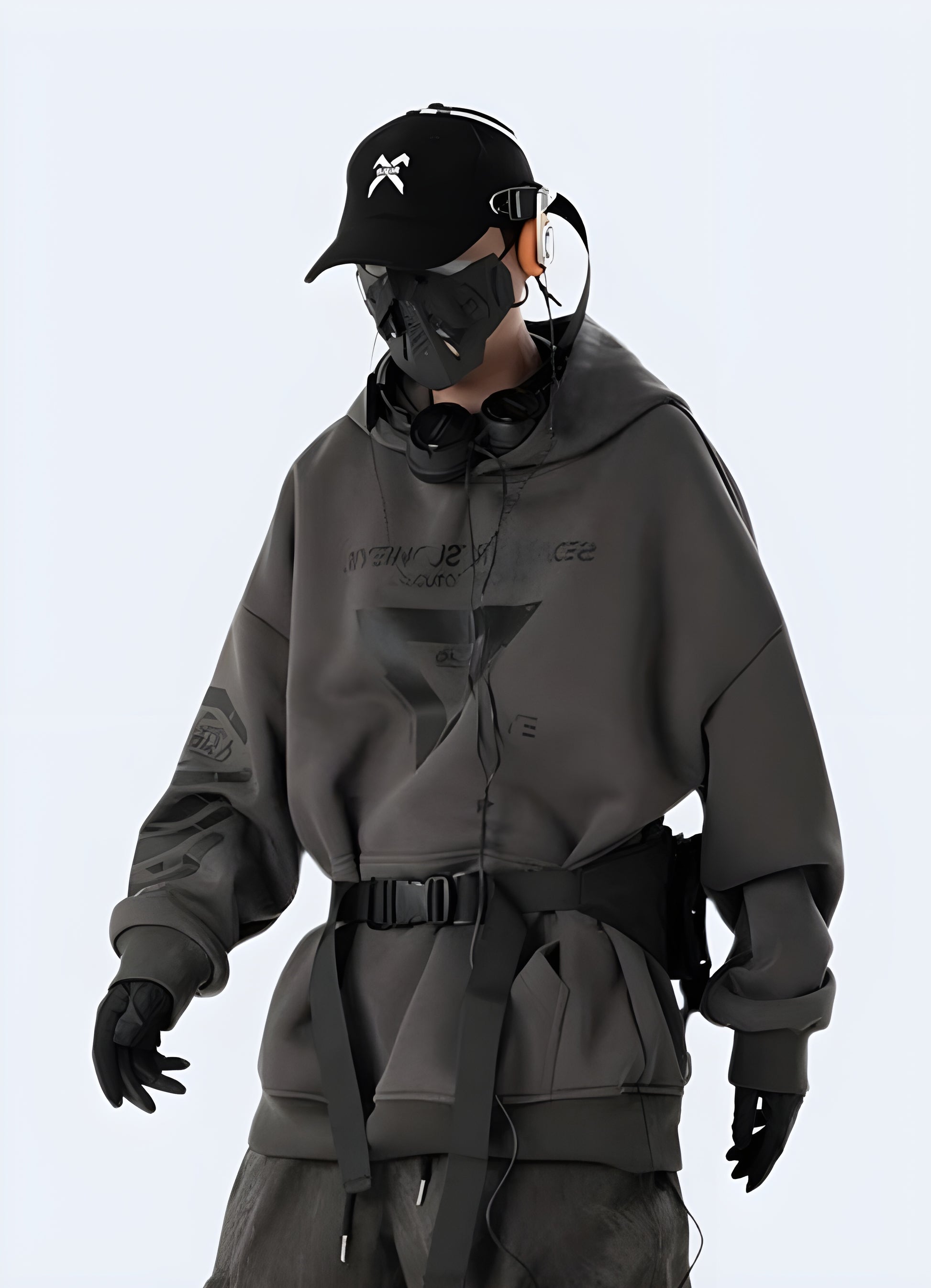 Man wearing a grey graphic streetwear hoodie featuring a unique, eye-catching print, perfect for standing out in urban fashion circles.