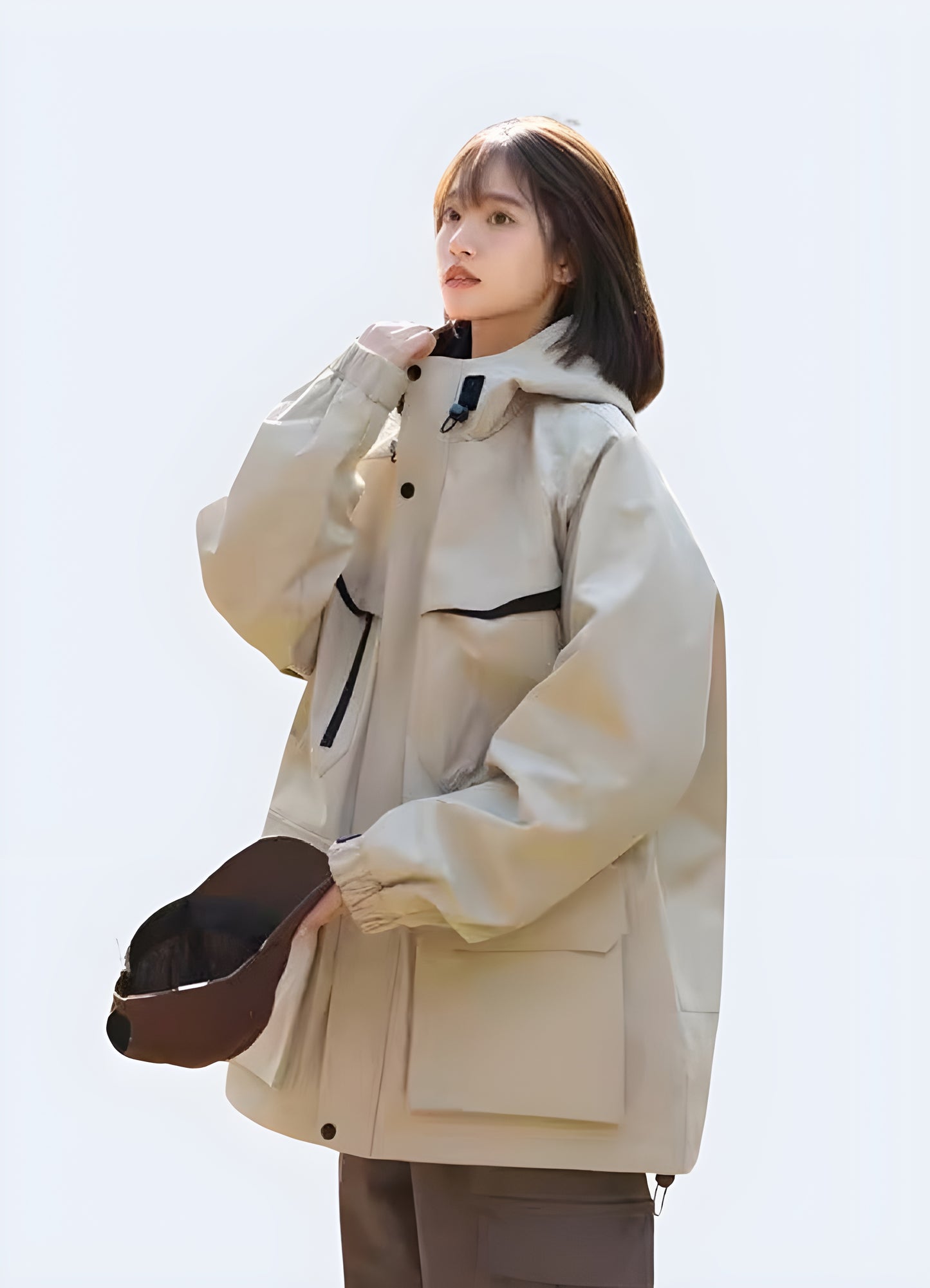 Front view of a man wearing a beige hooded cargo jacket showcasing its adjustable hood, multiple utility pockets, and durable construction, ideal for storing essentials while navigating Canada's urban landscapes in comfort and style.